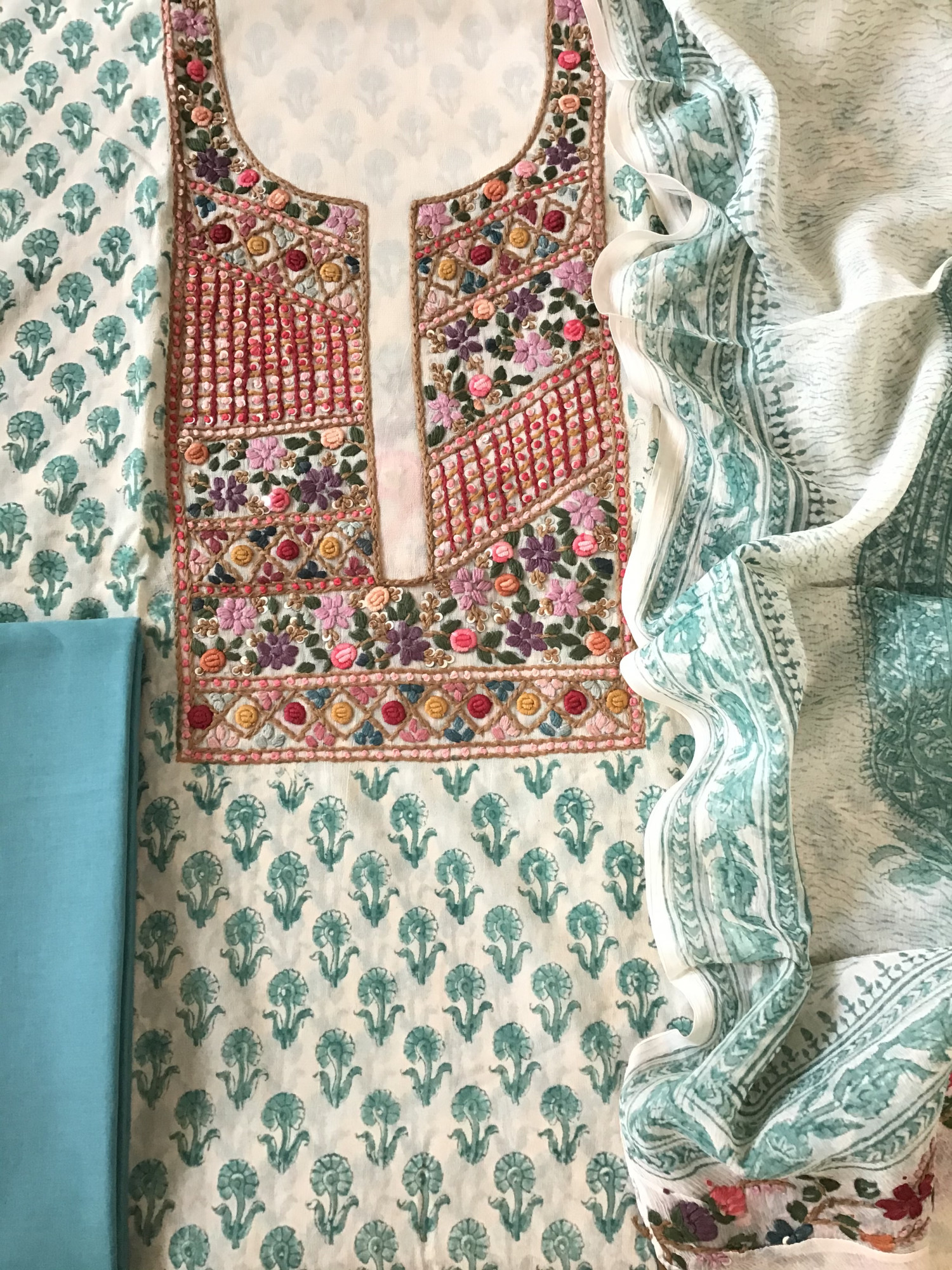 Pure Georgette Block Printed Embroidered Suit - BeigeBlue