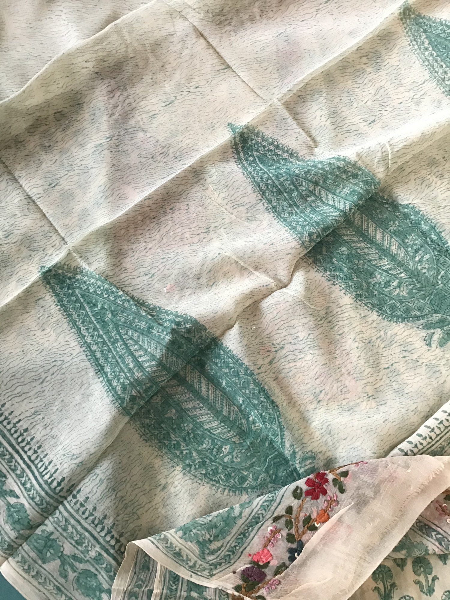 Pure Georgette Block Printed Embroidered Suit - BeigeBlue