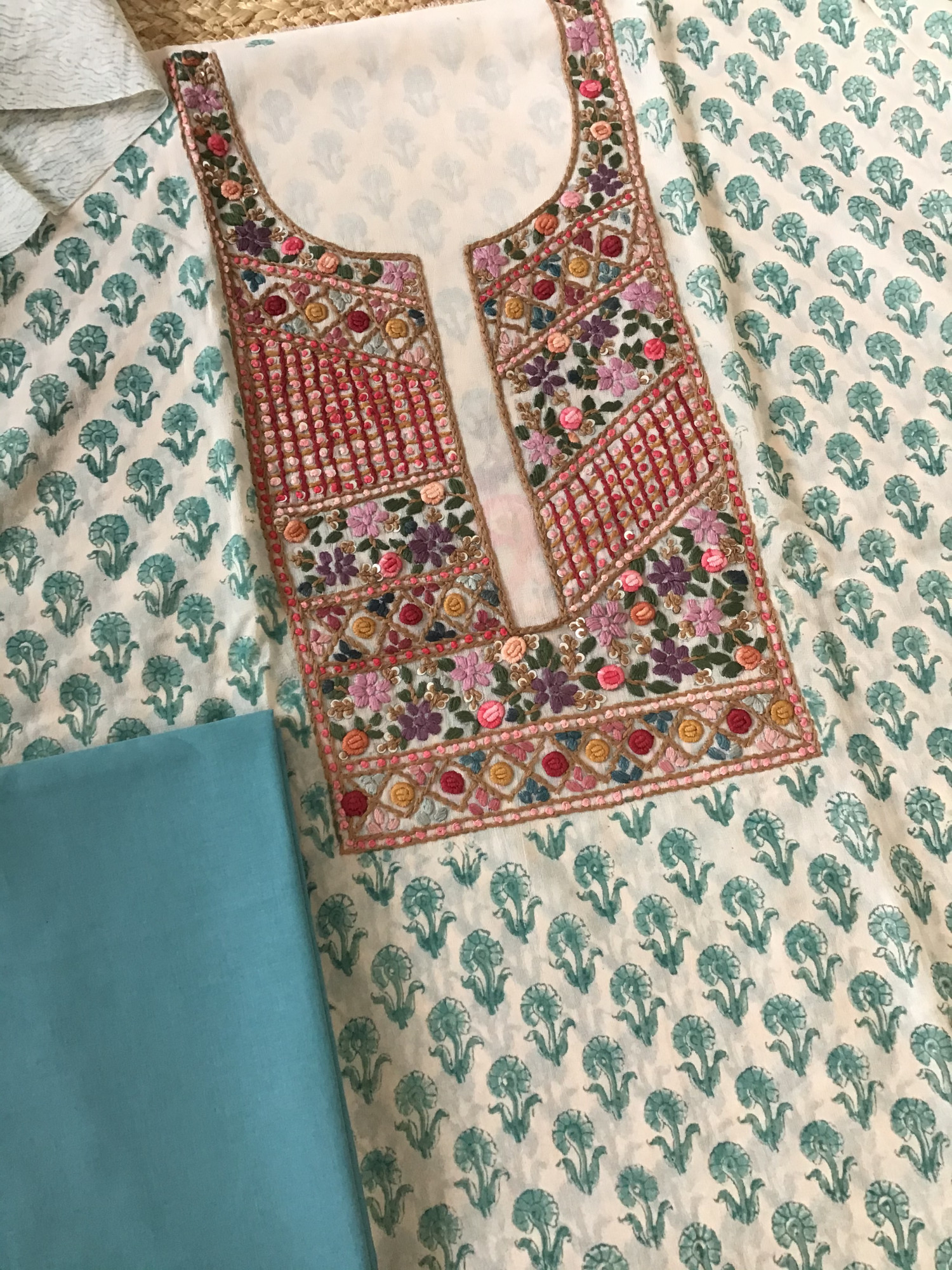 Pure Georgette Block Printed Embroidered Suit - BeigeBlue