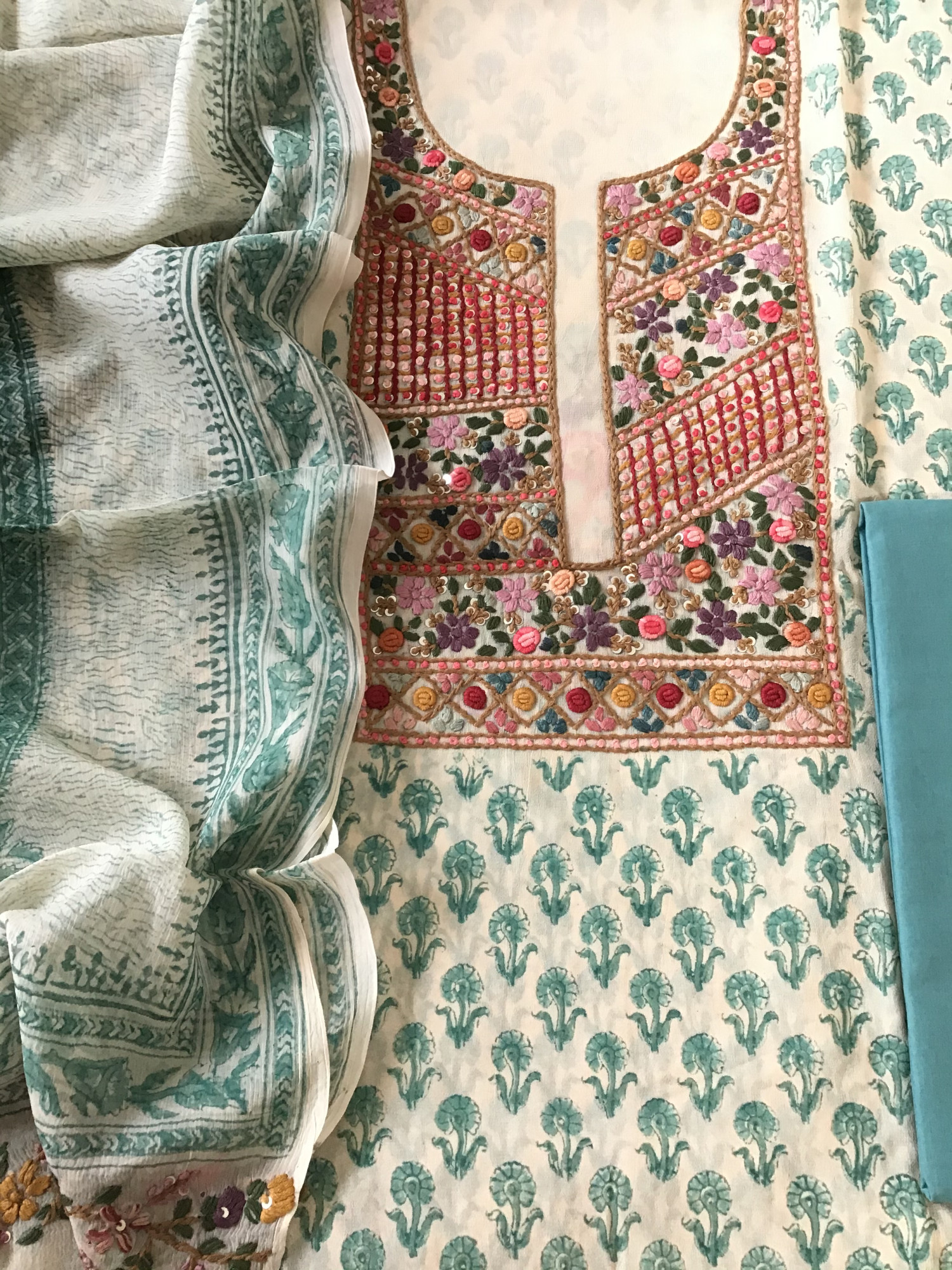 Pure Georgette Block Printed Embroidered Suit - BeigeBlue