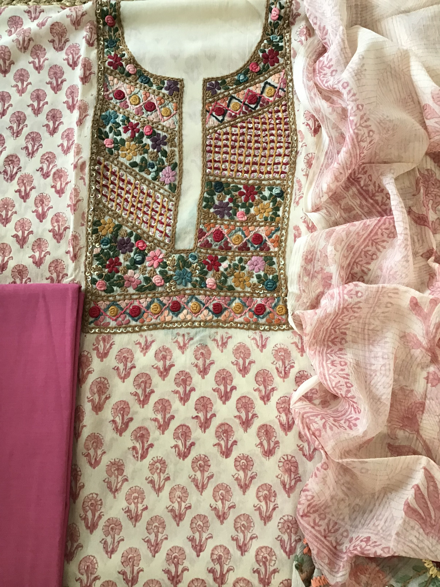 Pure Georgette Block Printed Embroidered Suit - BeigePink