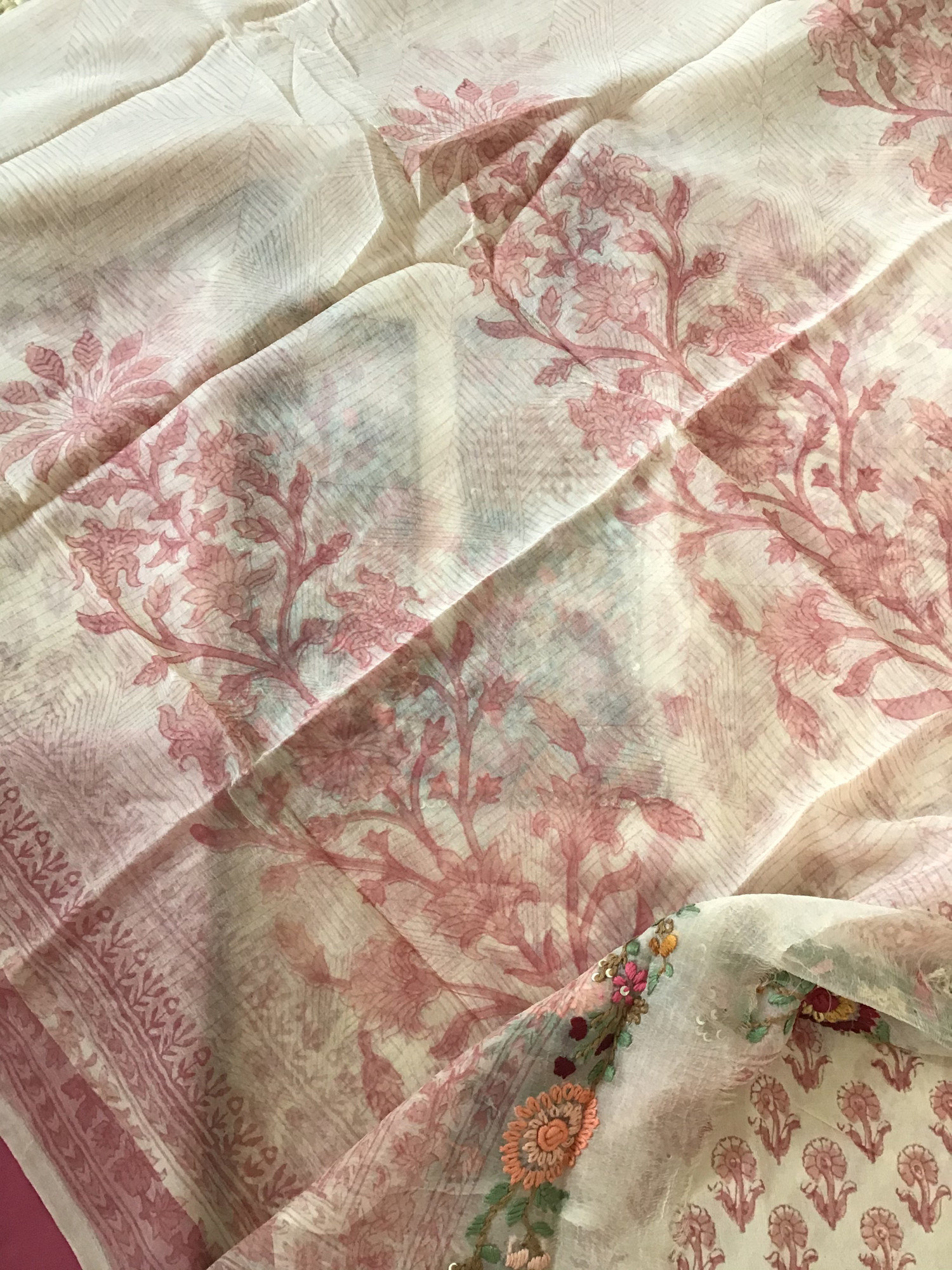 Pure Georgette Block Printed Embroidered Suit - BeigePink