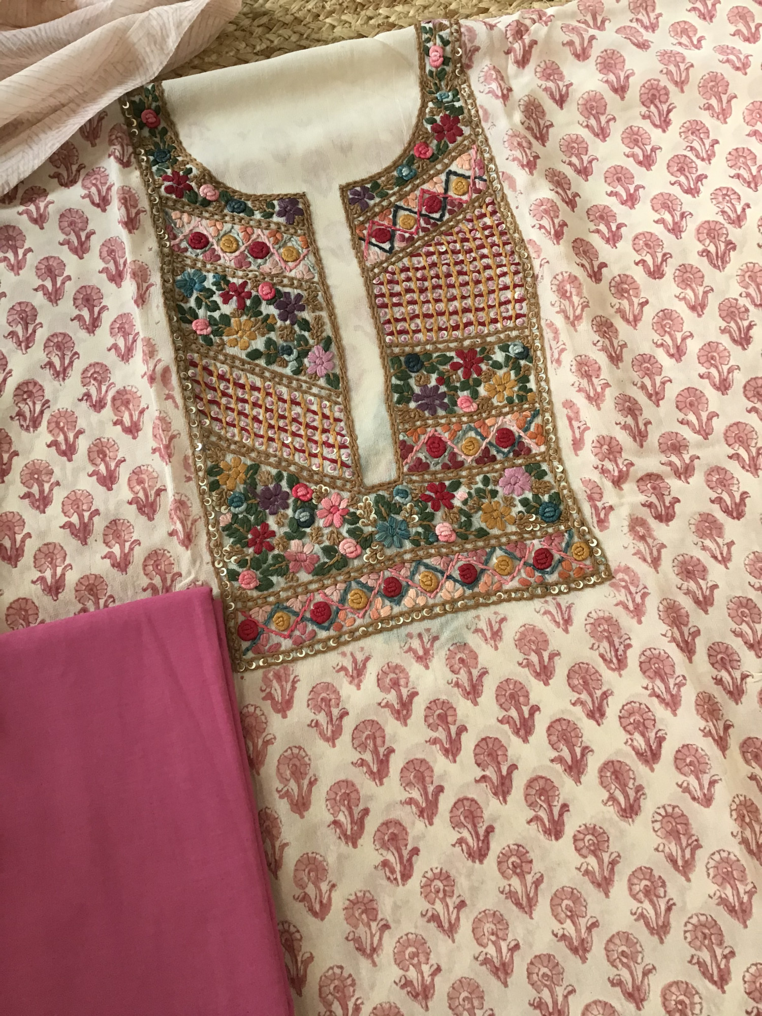 Pure Georgette Block Printed Embroidered Suit - BeigePink