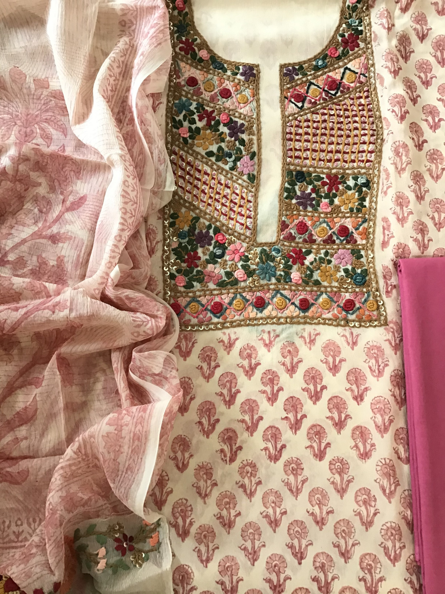 Pure Georgette Block Printed Embroidered Suit - BeigePink