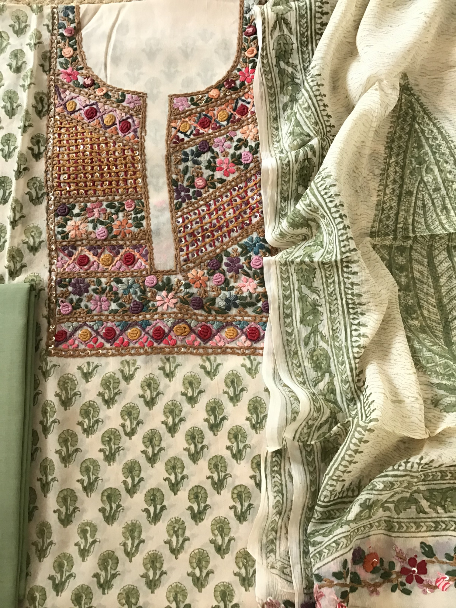 Pure Georgette Block Printed Embroidered Suit - BeigeGreen