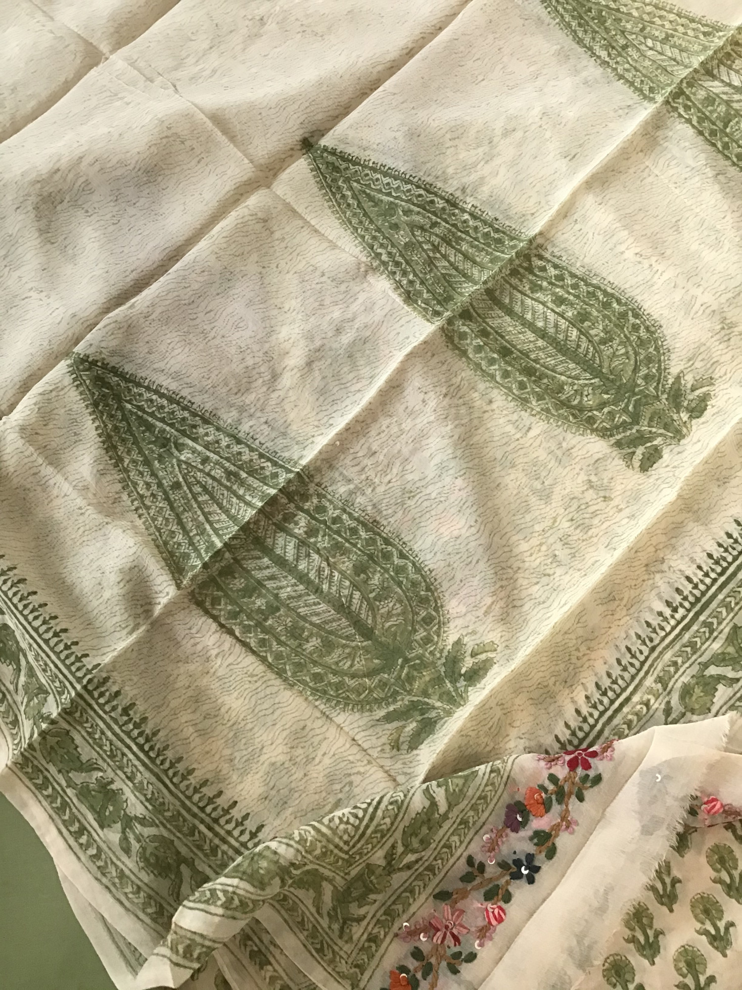 Pure Georgette Block Printed Embroidered Suit - BeigeGreen