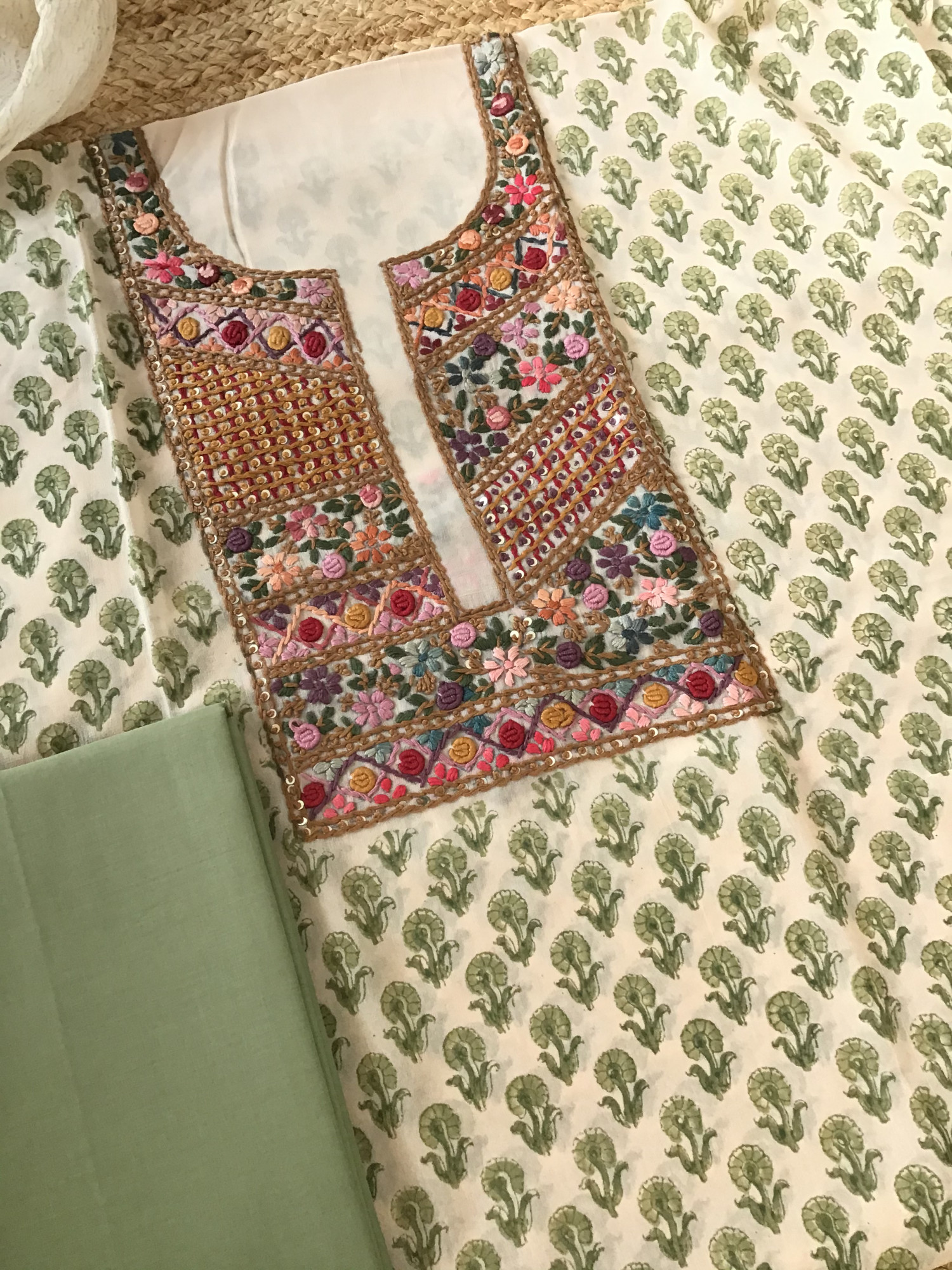 Pure Georgette Block Printed Embroidered Suit - BeigeGreen