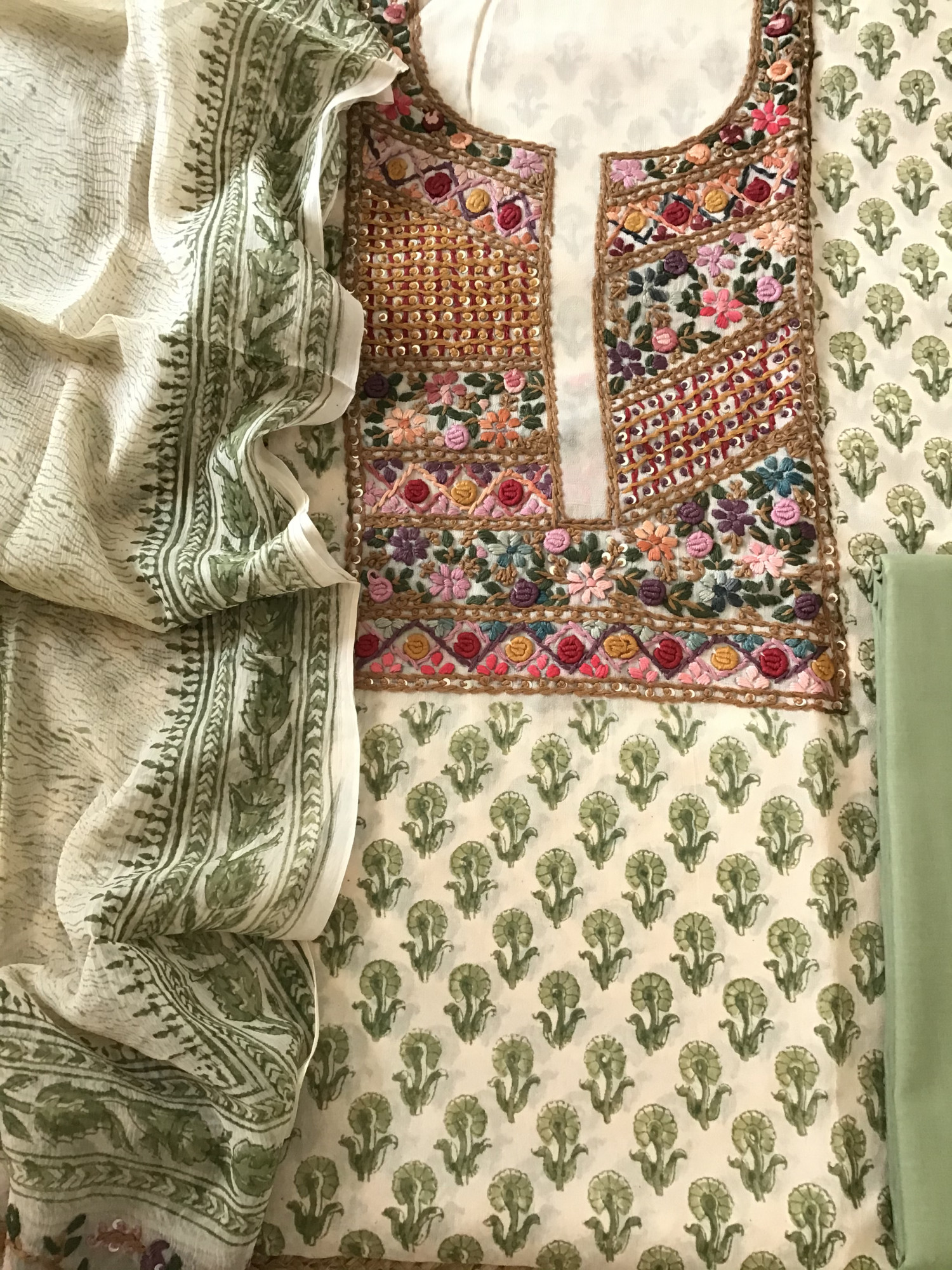 Pure Georgette Block Printed Embroidered Suit - BeigeGreen