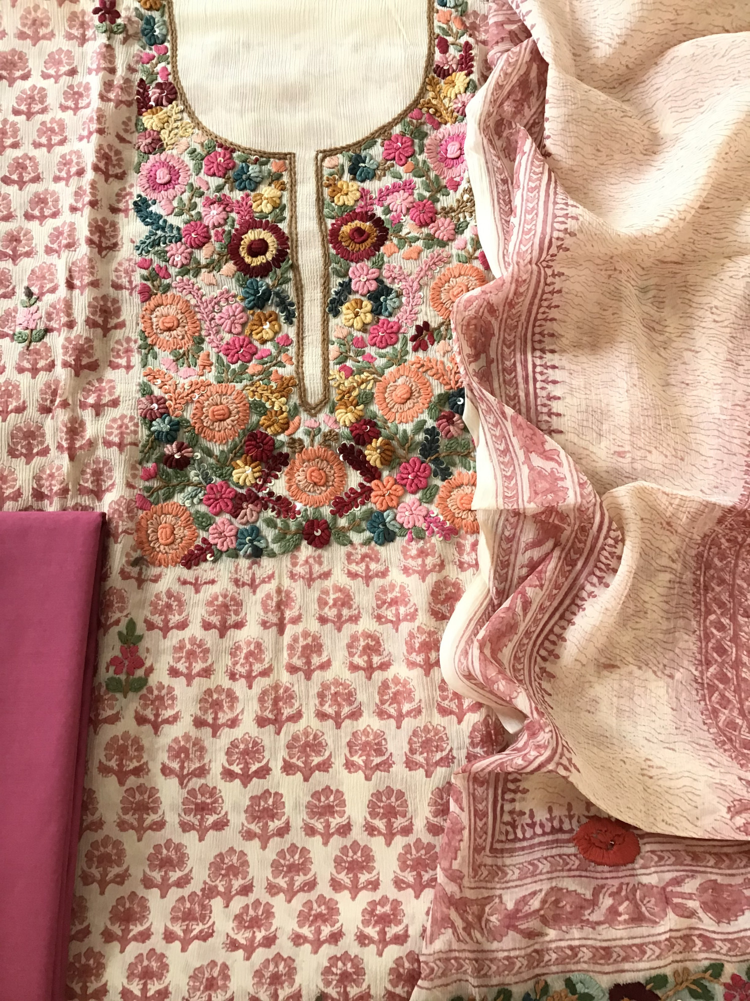 Pure Chinnon Silk Block Printed Embroidered Suit - BeigePink