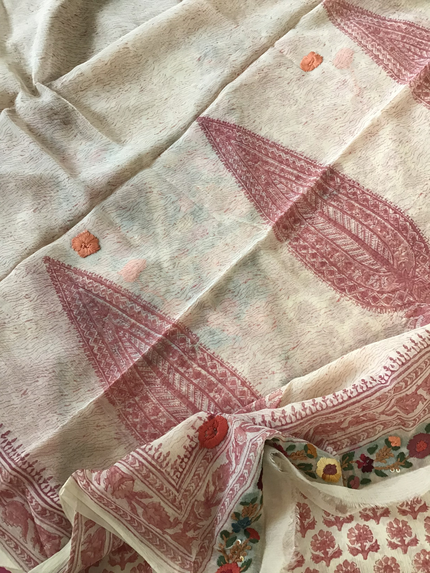 Pure Chinnon Silk Block Printed Embroidered Suit - BeigePink