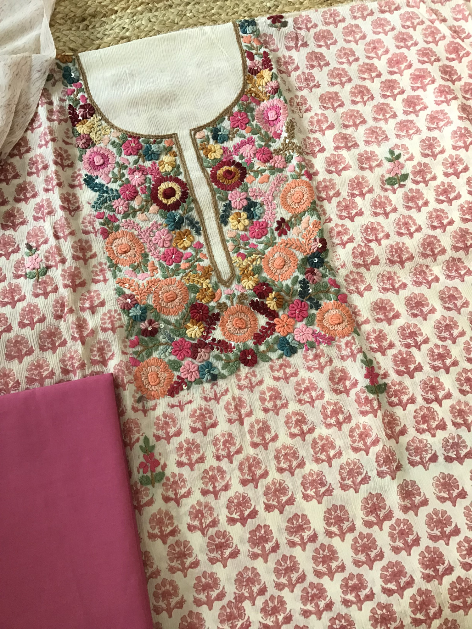 Pure Chinnon Silk Block Printed Embroidered Suit - BeigePink