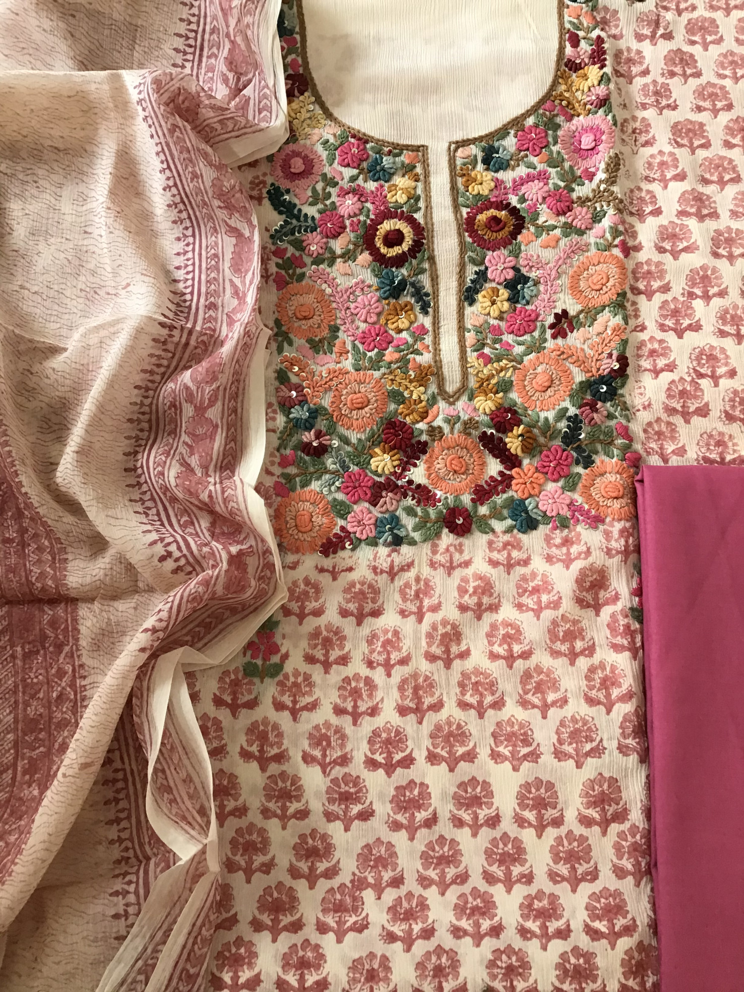 Pure Chinnon Silk Block Printed Embroidered Suit - BeigePink