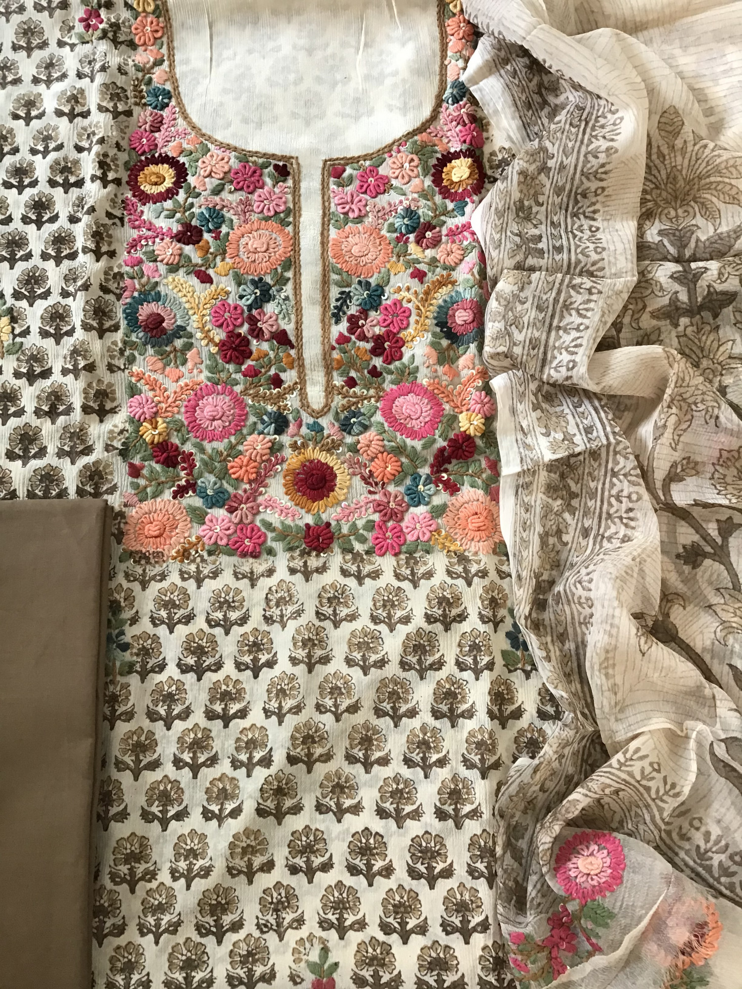 Pure Chinnon Silk Block Printed Embroidered Suit - BeigeBrown