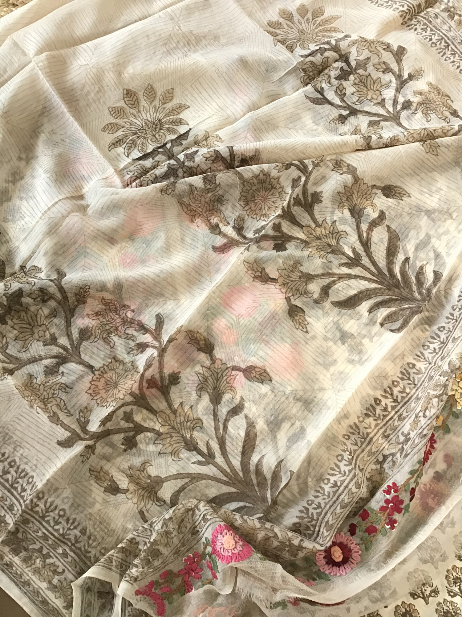 Pure Chinnon Silk Block Printed Embroidered Suit - BeigeBrown