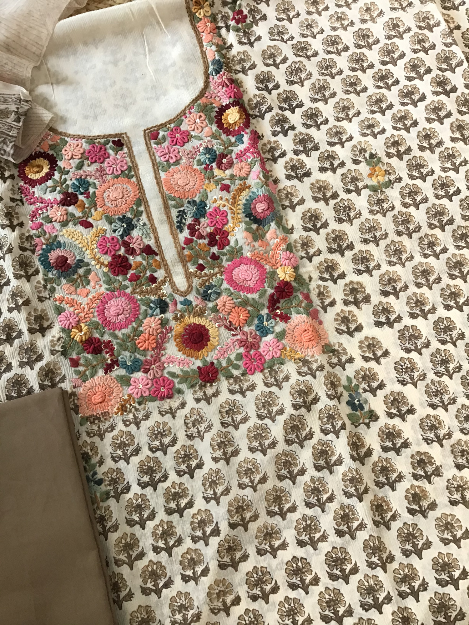 Pure Chinnon Silk Block Printed Embroidered Suit - BeigeBrown