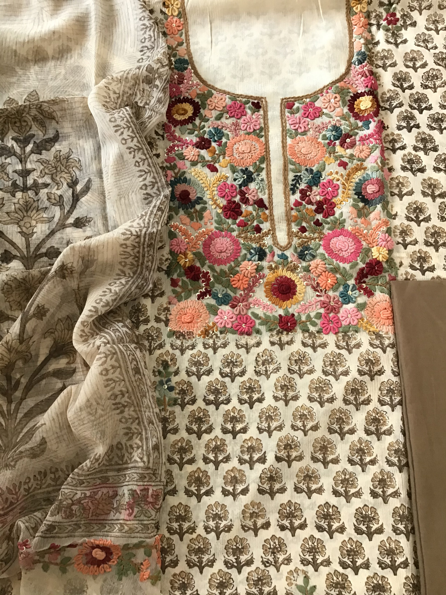 Pure Chinnon Silk Block Printed Embroidered Suit - BeigeBrown