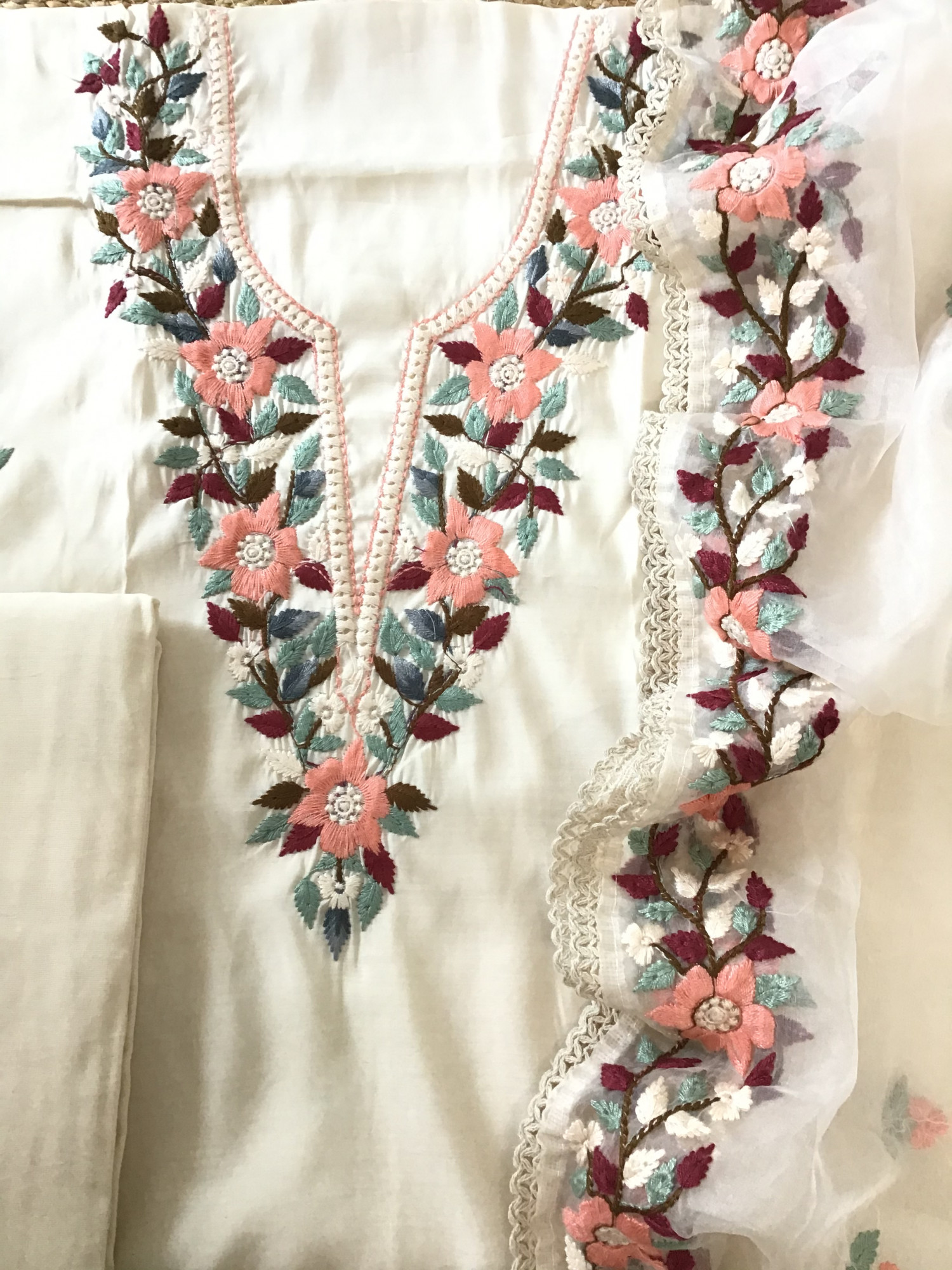 Soft Muslin Embroidered Suit - Offwhite