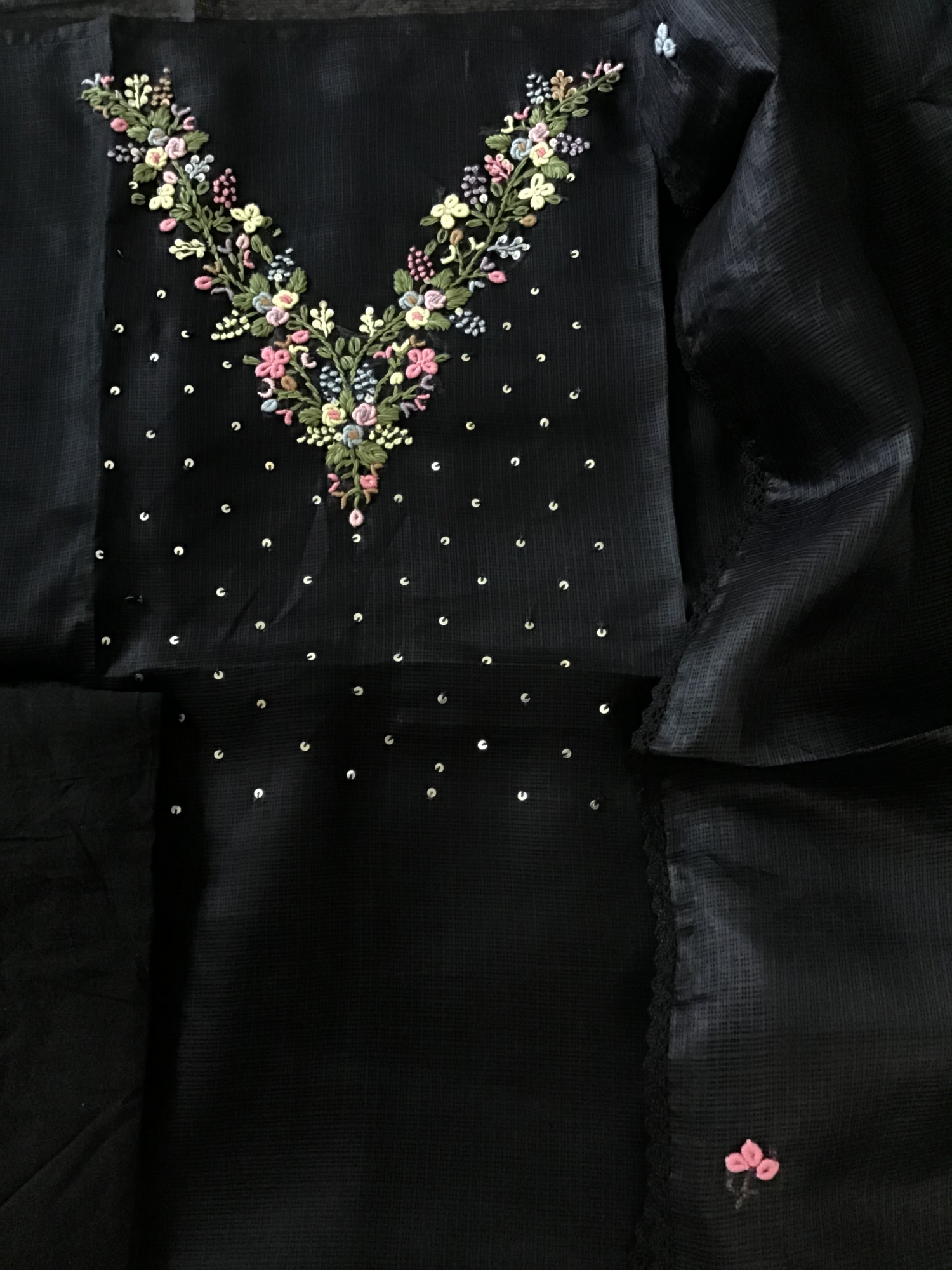 Soft Kota Silk Embroidered Suit - Black