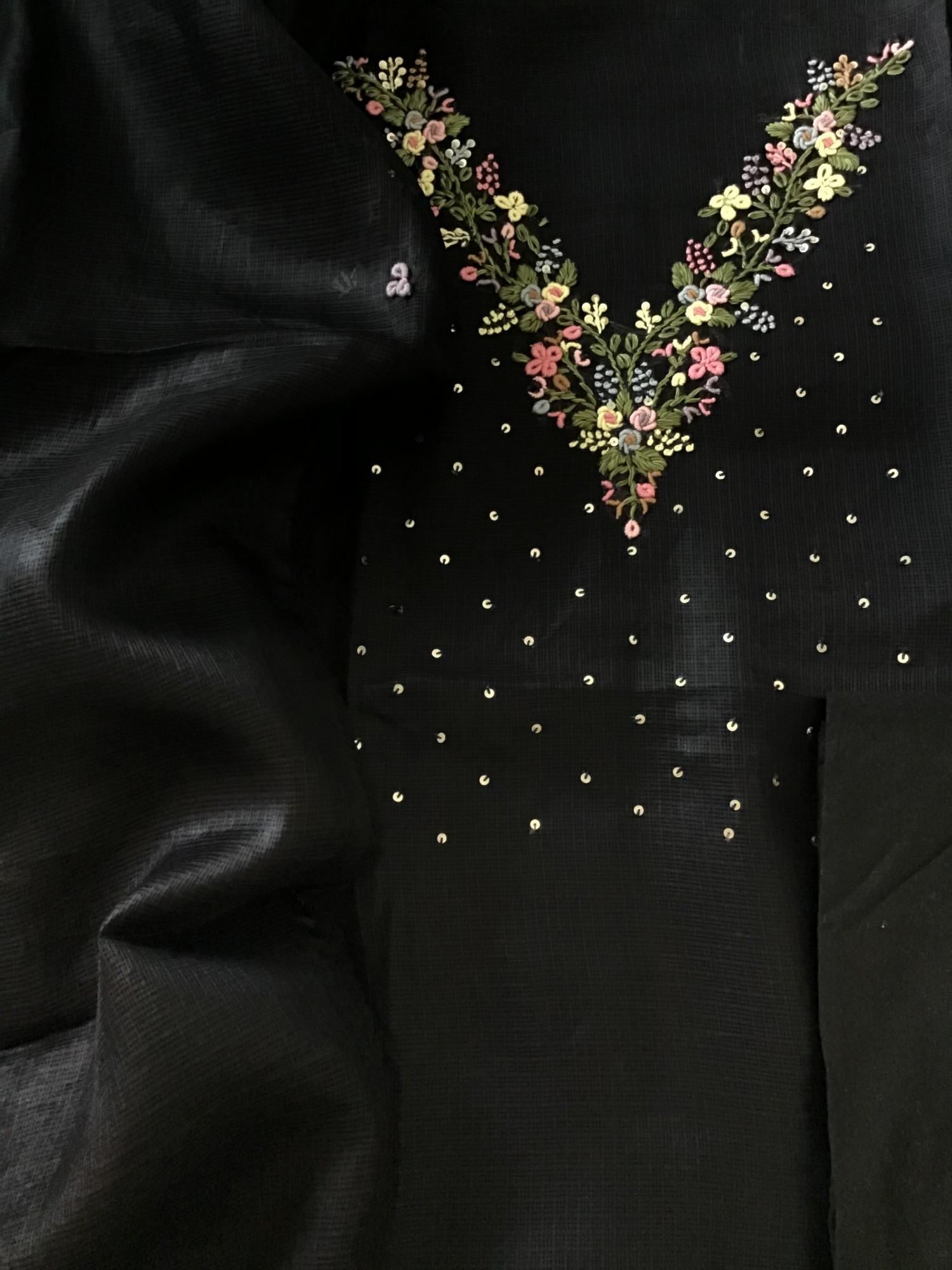 Soft Kota Silk Embroidered Suit - Black