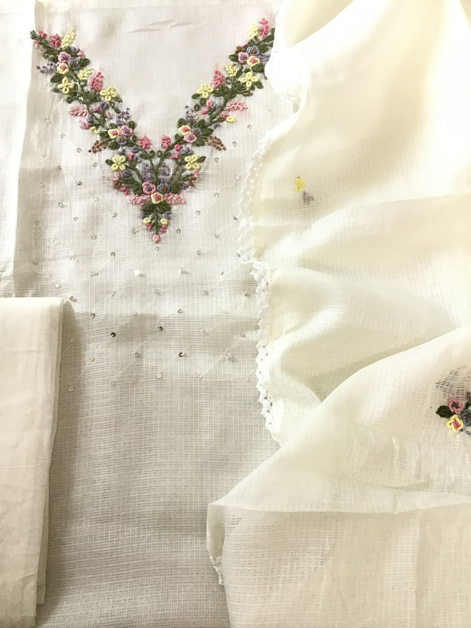 Soft Kota Silk Embroidered Suit - Offwhite