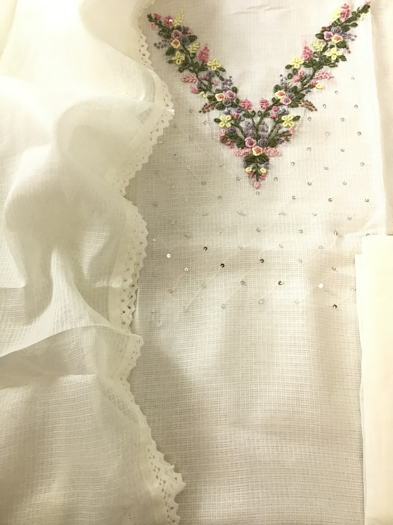 Soft Kota Silk Embroidered Suit - Offwhite