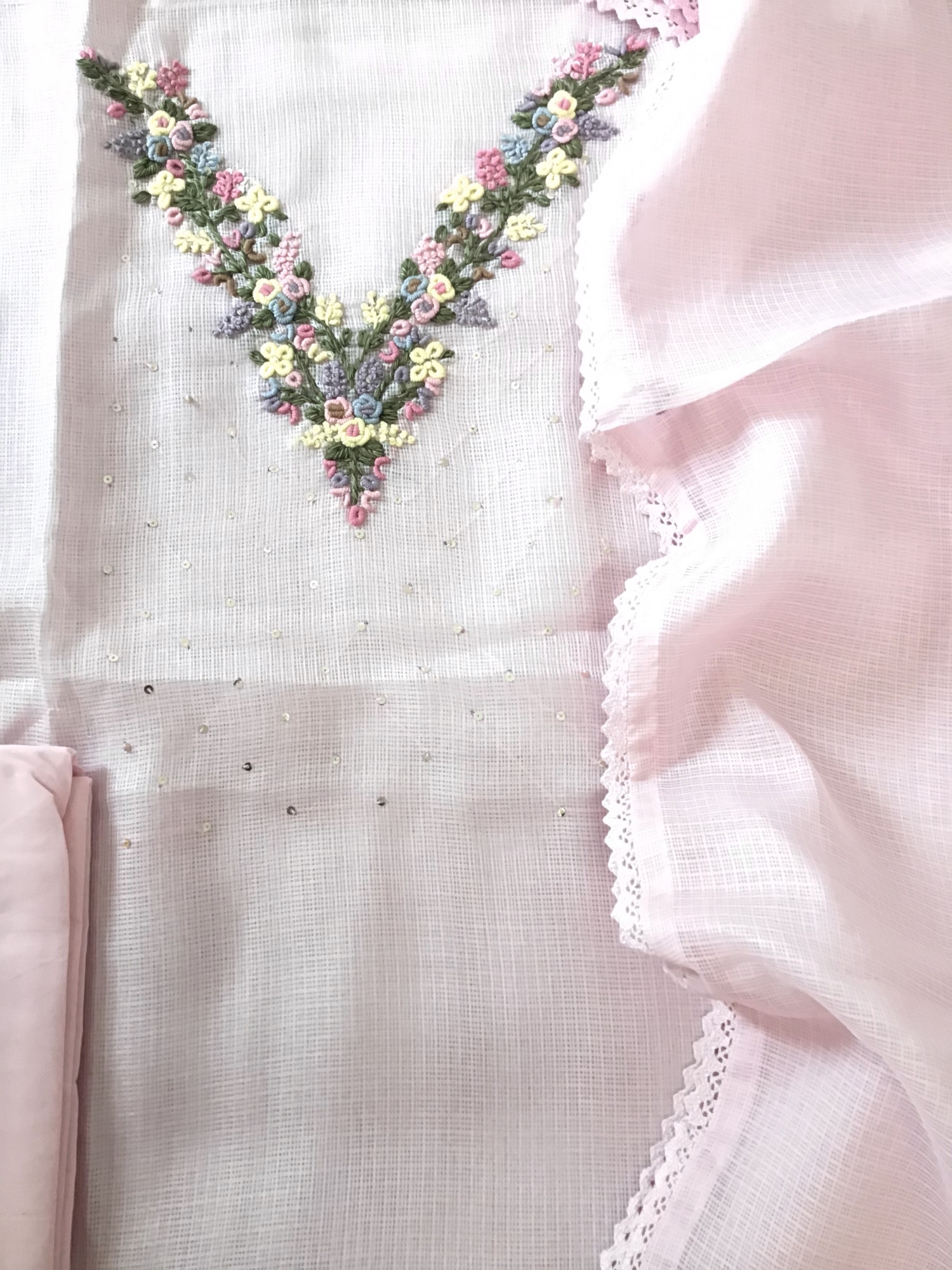 Soft Kota Silk Embroidered Suit - Pink