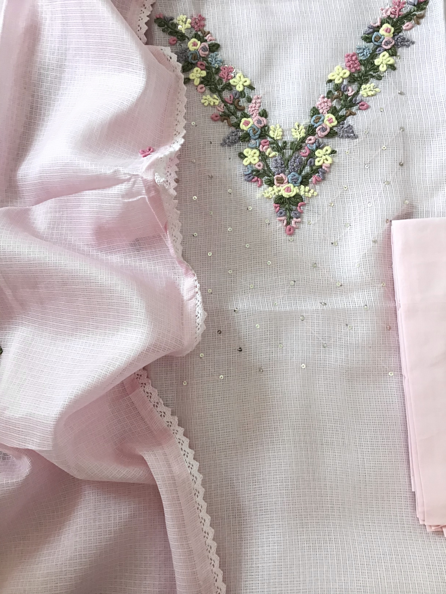 Soft Kota Silk Embroidered Suit - Pink