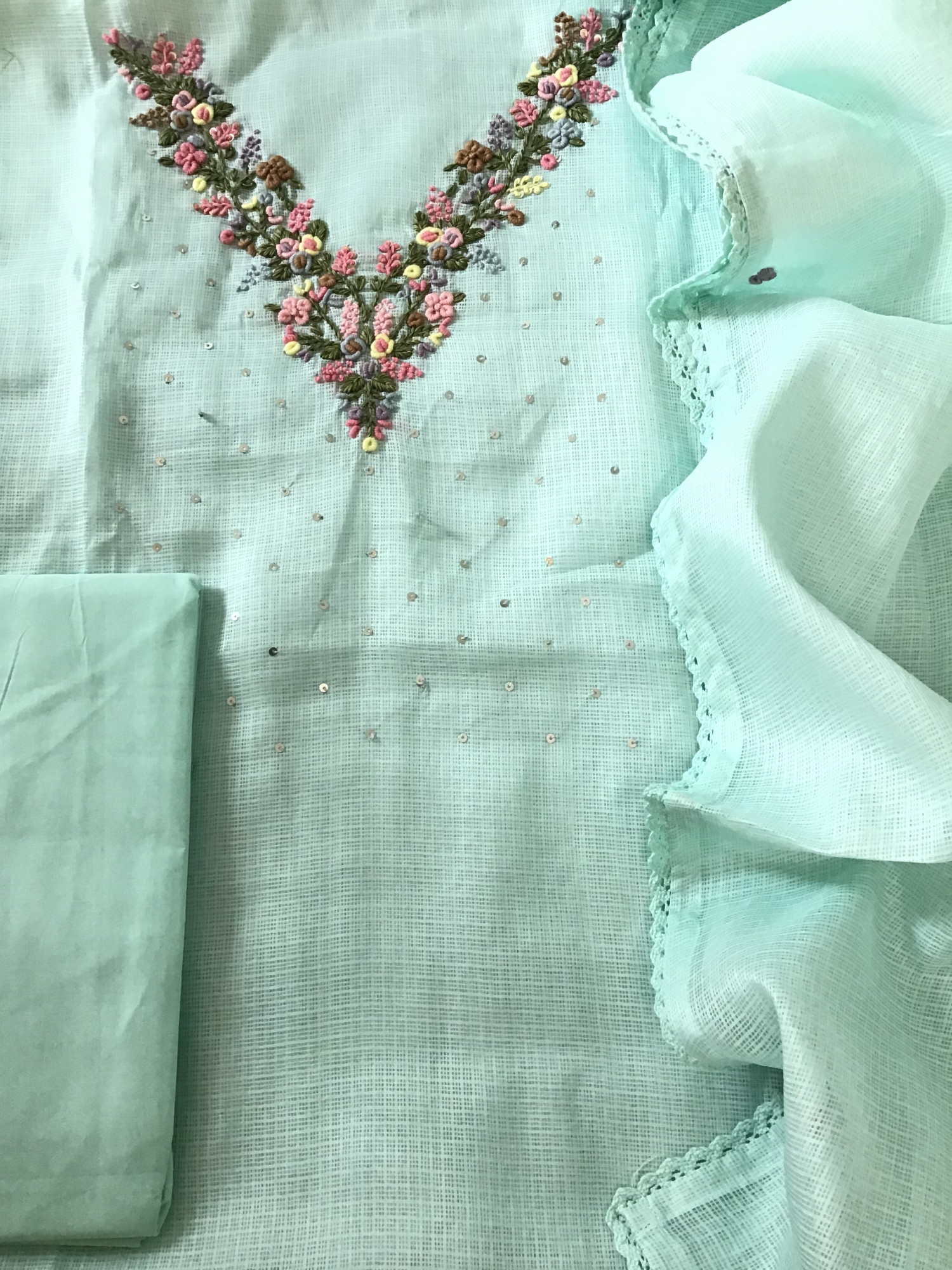 Soft Kota Silk Embroidered Suit - Blue