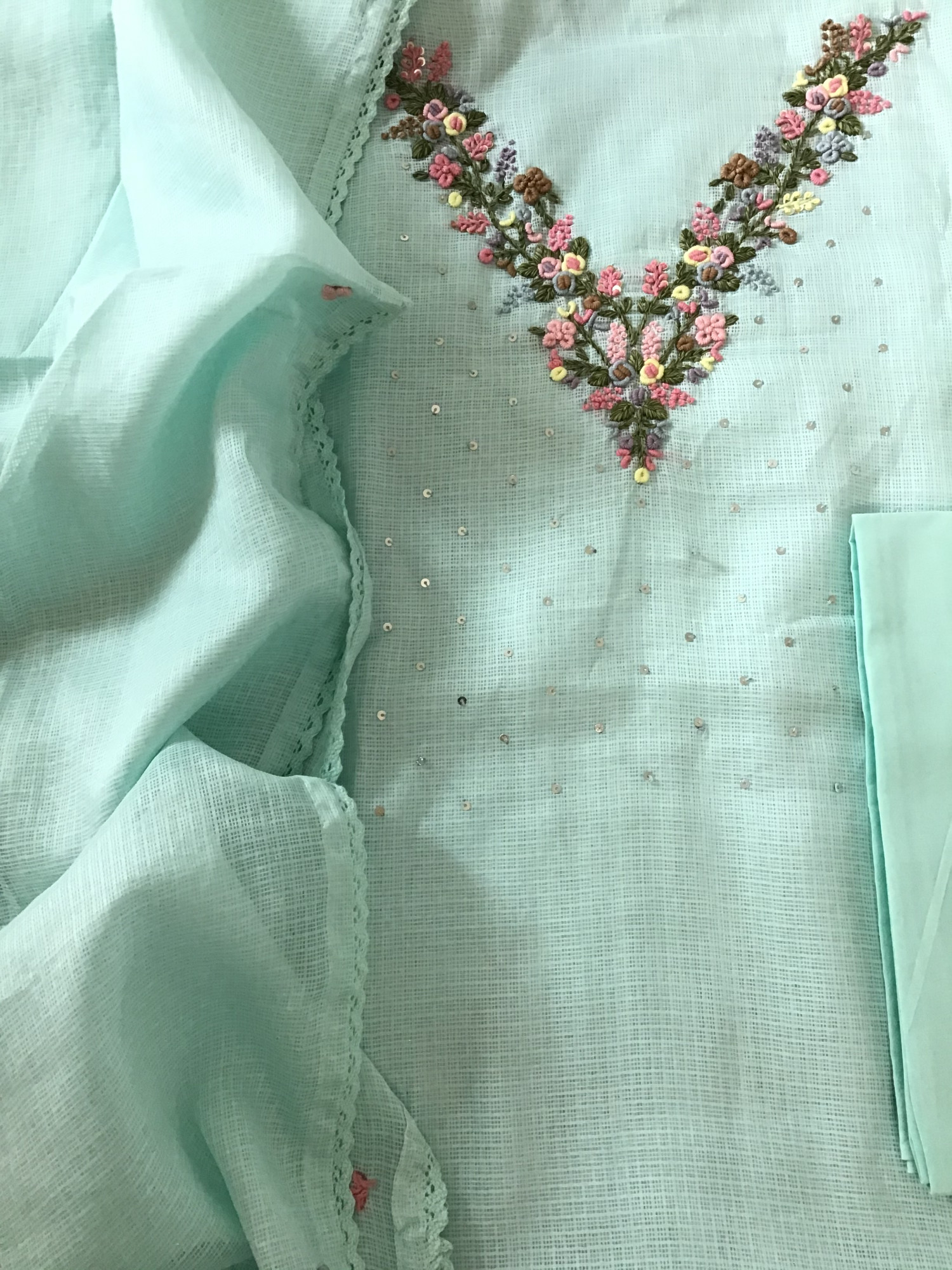 Soft Kota Silk Embroidered Suit - Blue