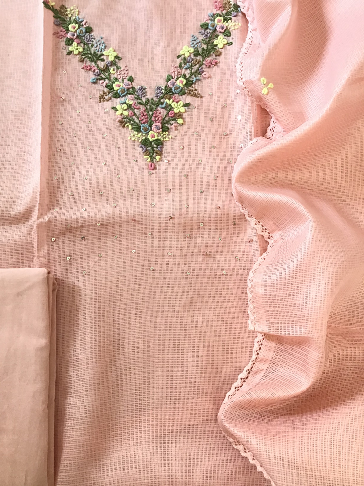 Soft Kota Silk Embroidered Suit - Peach