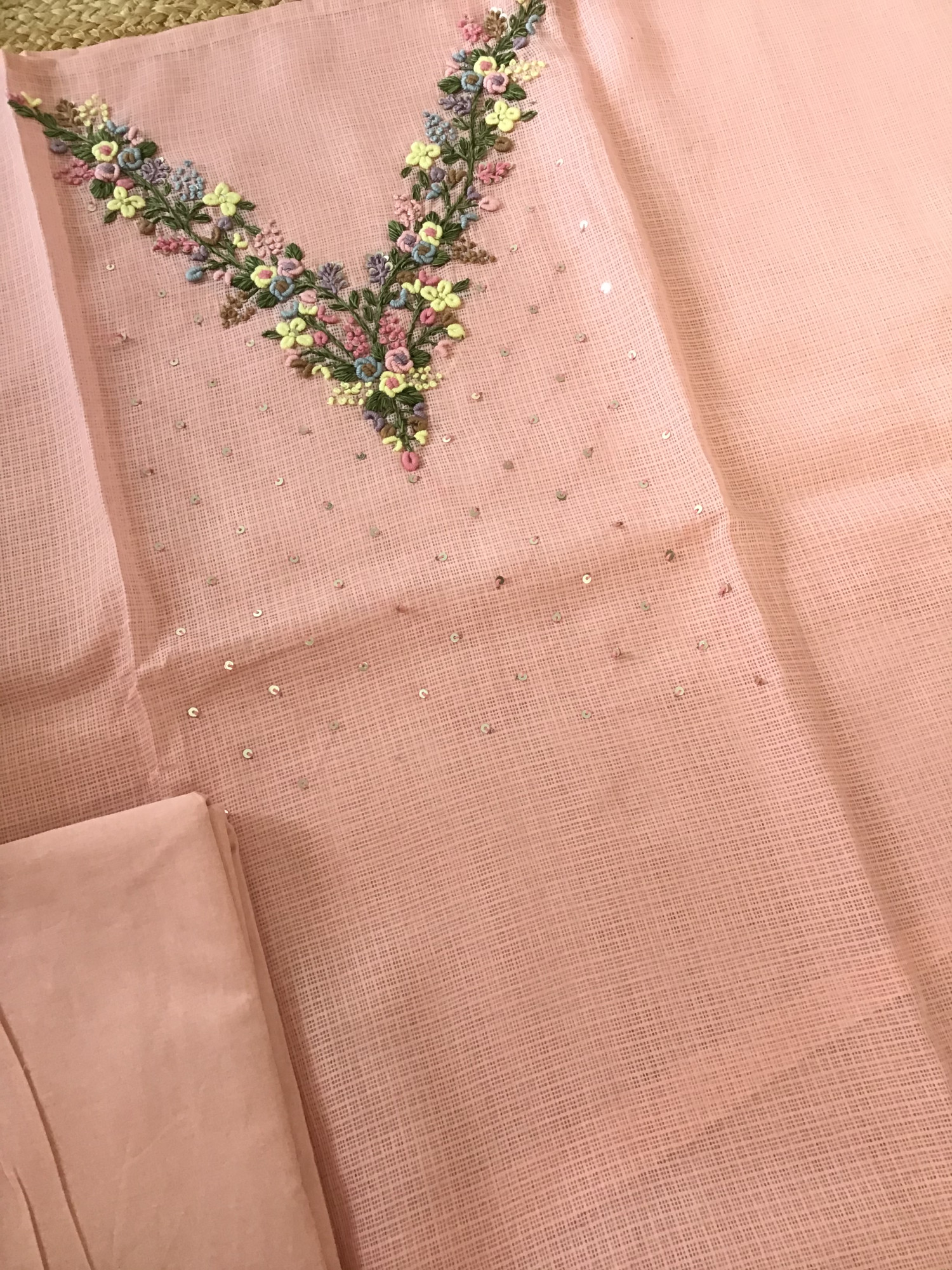 Soft Kota Silk Embroidered Suit - Peach