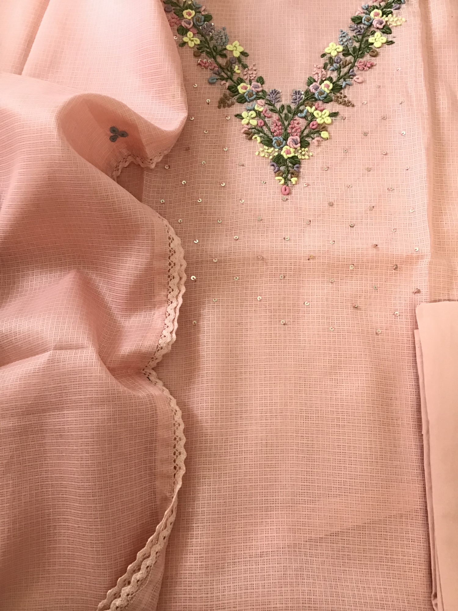 Soft Kota Silk Embroidered Suit - Peach