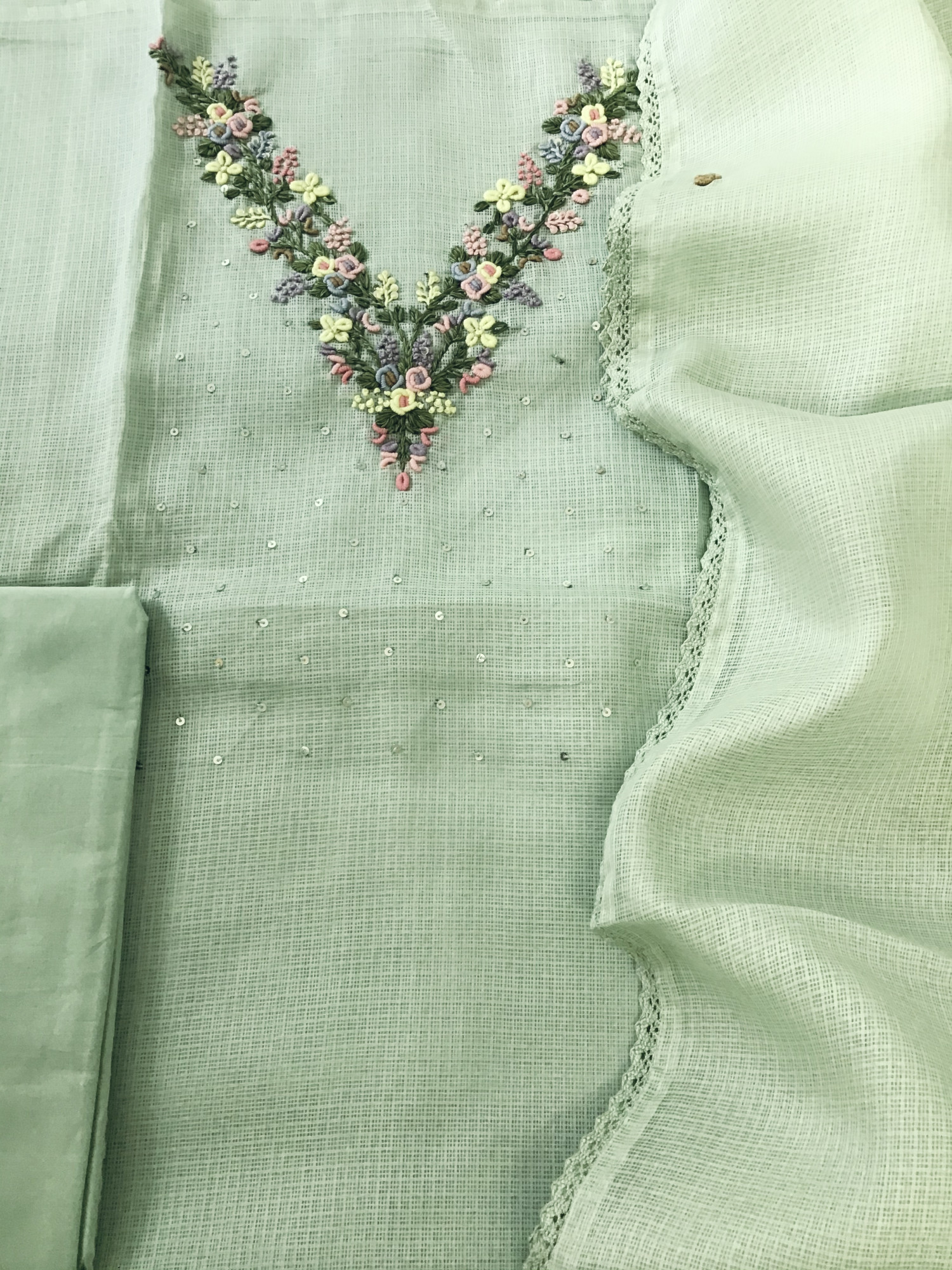 Soft Kota Silk Embroidered Suit - Green