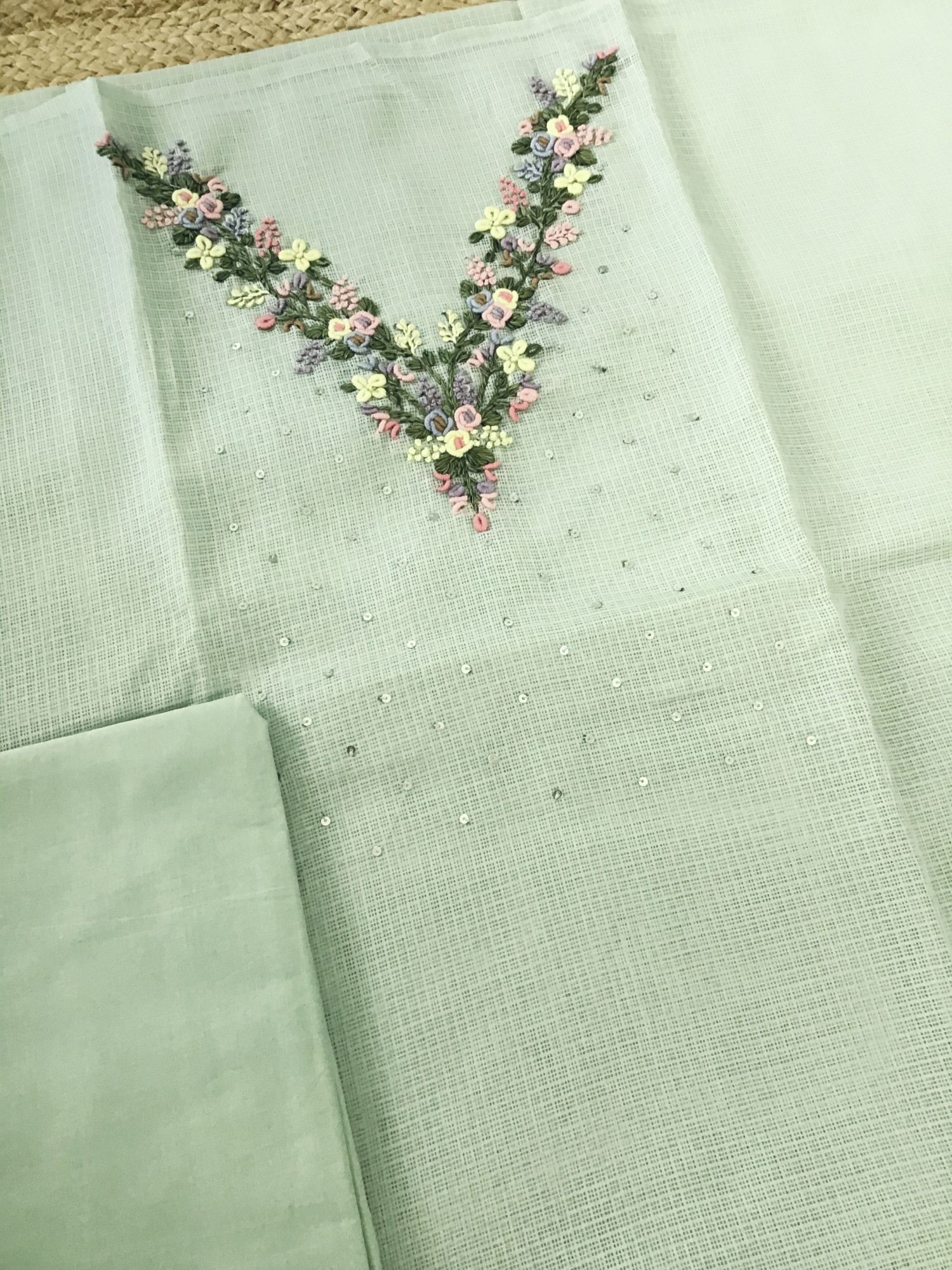 Soft Kota Silk Embroidered Suit - Green