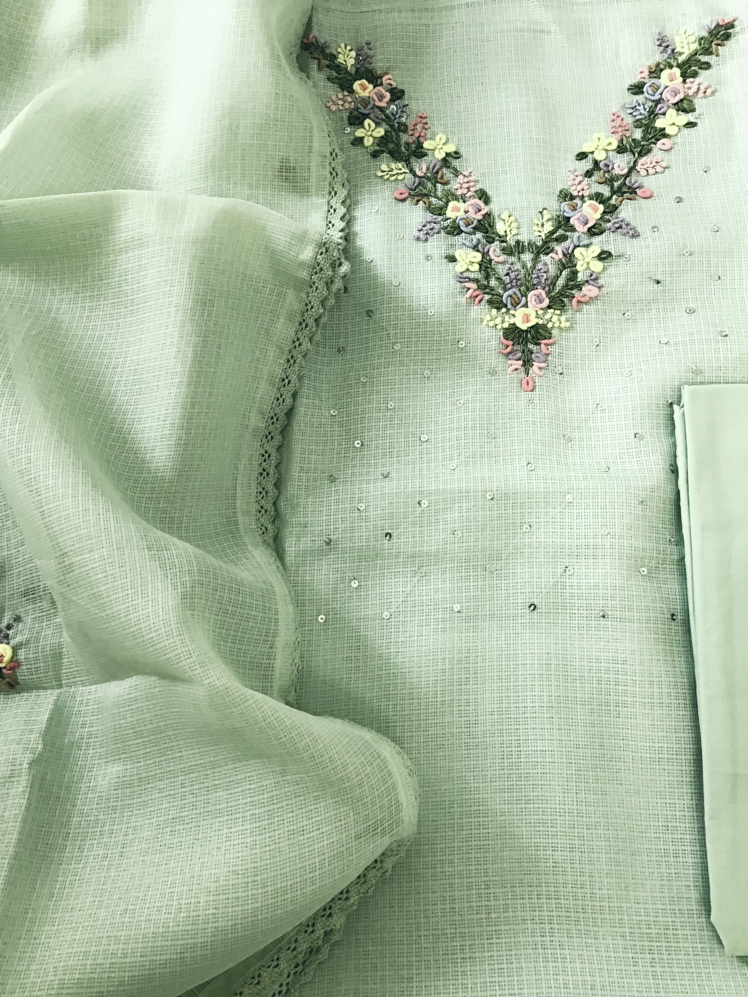 Soft Kota Silk Embroidered Suit - Green