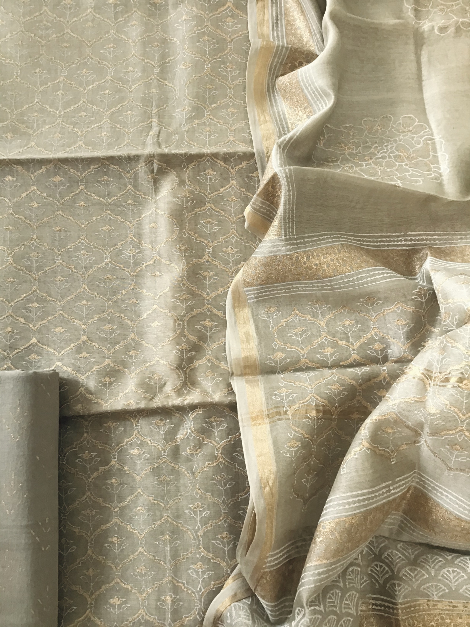 Pure Chanderi Printed Suit - Beige