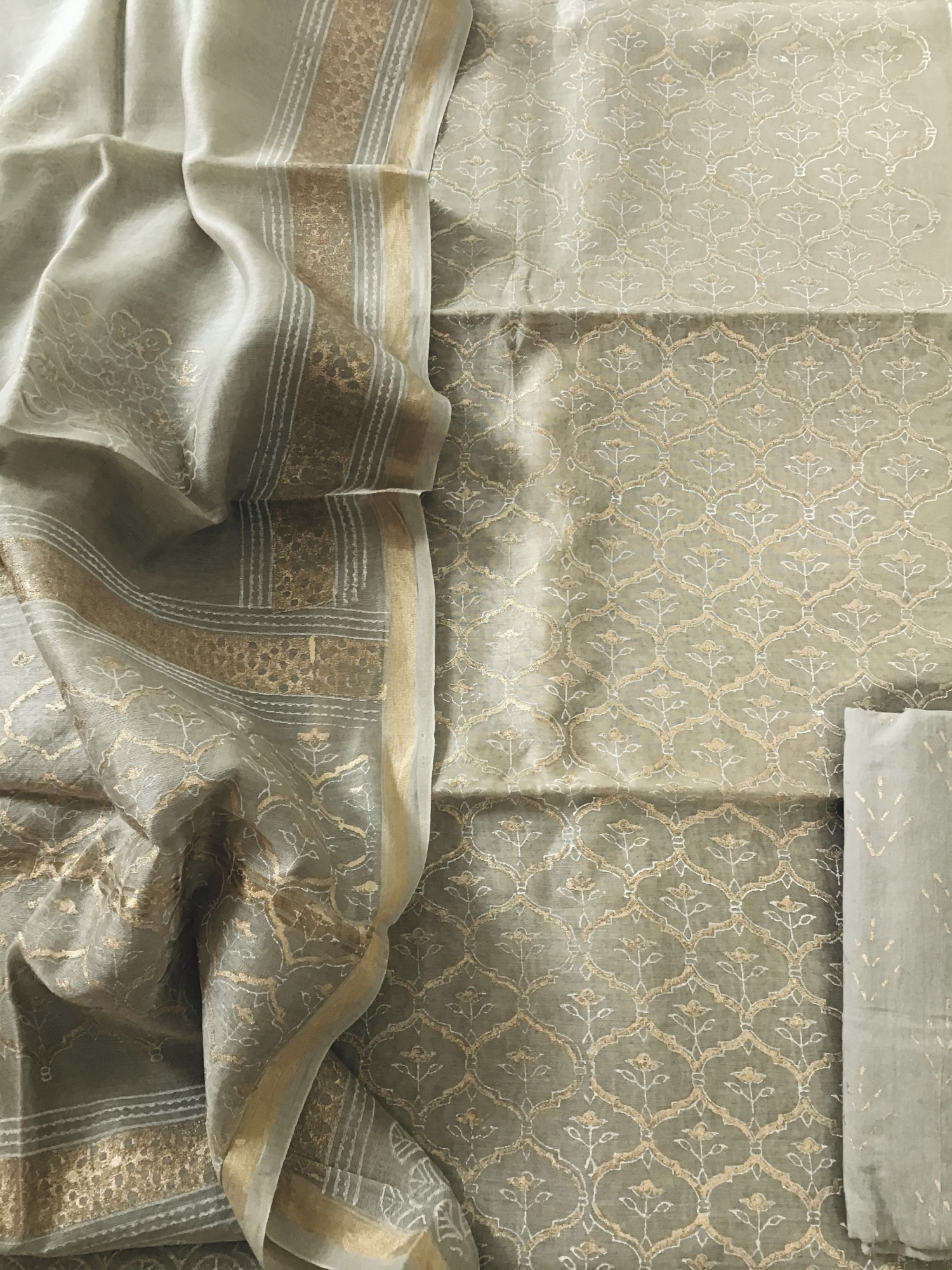 Pure Chanderi Printed Suit - Beige