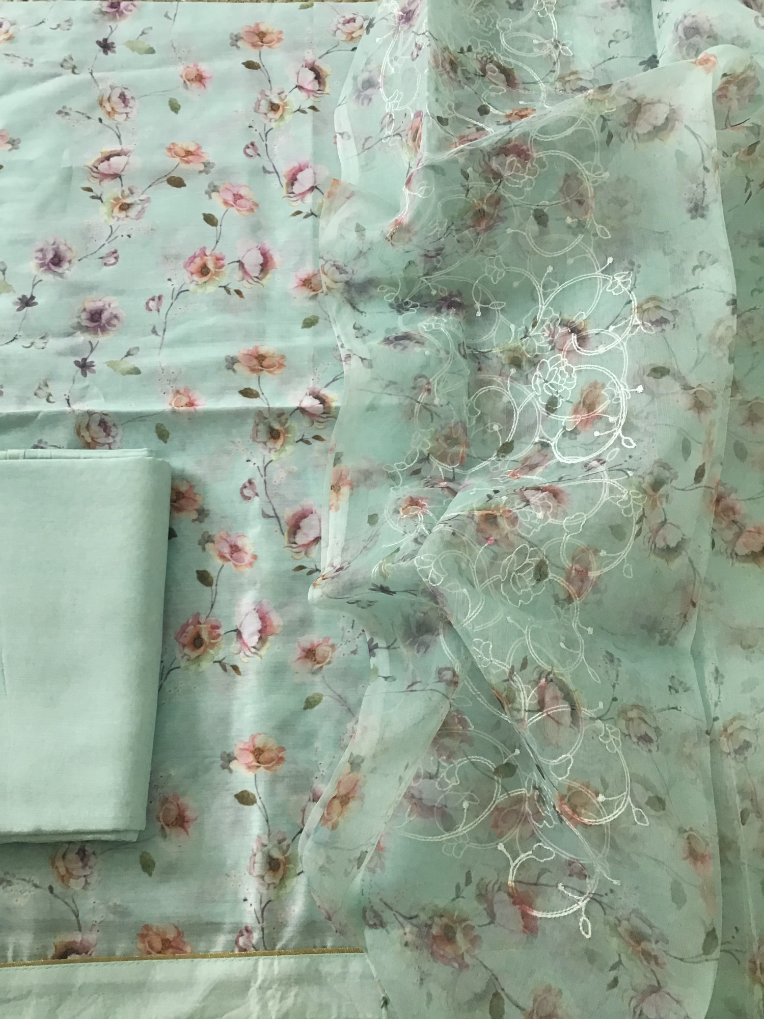 Soft Kora Chanderi Printed Suit - Sea Green