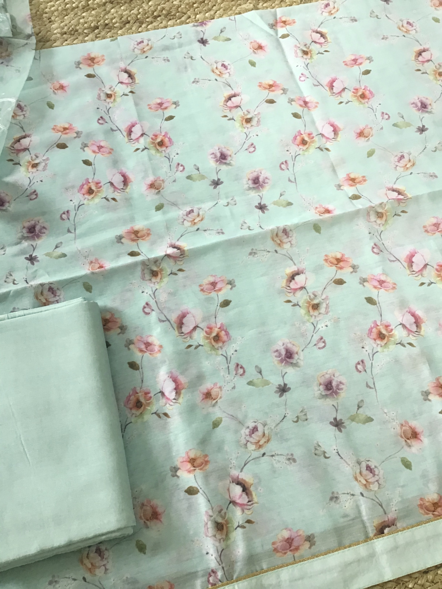 Soft Kora Chanderi Printed Suit - Sea Green