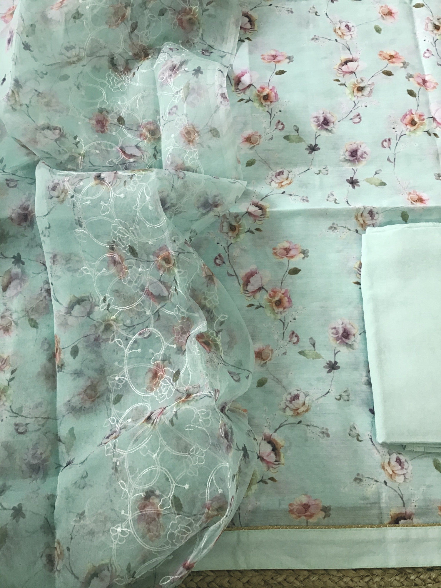 Soft Kora Chanderi Printed Suit - Sea Green