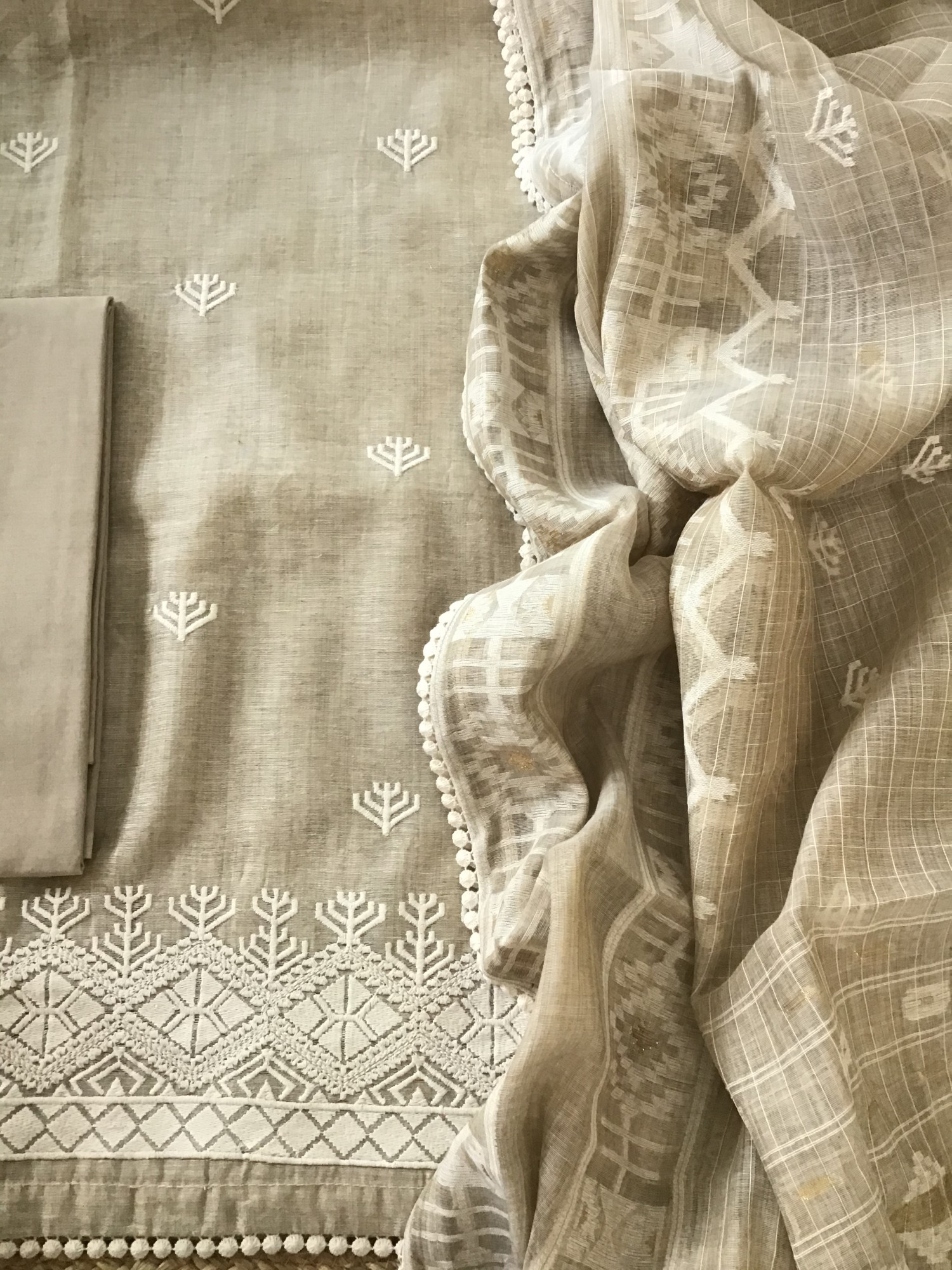 Soft Slub Chanderi Jamdani Weaved Embroidered Suit - Beige