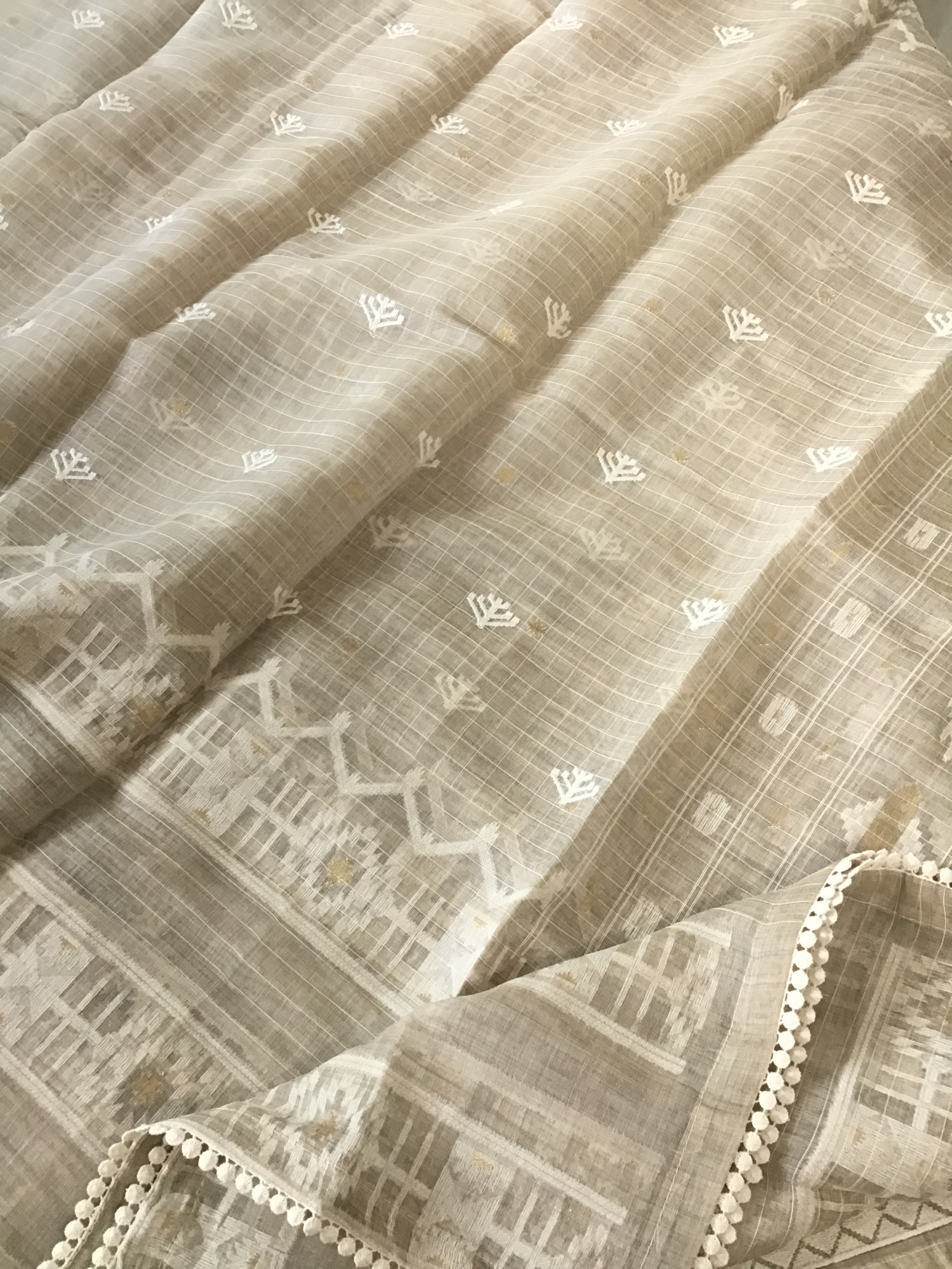 Soft Slub Chanderi Jamdani Weaved Embroidered Suit - Beige