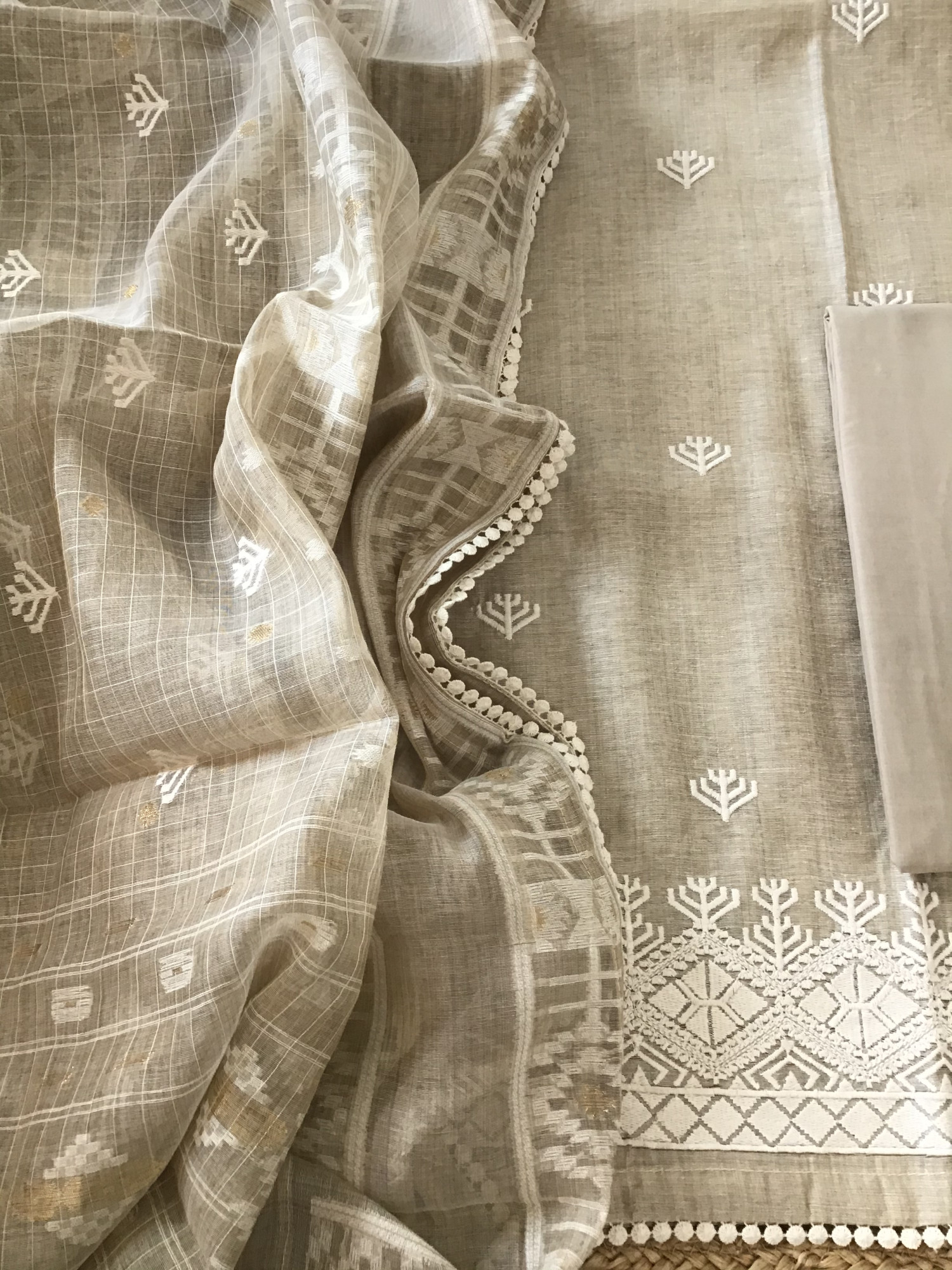 Soft Slub Chanderi Jamdani Weaved Embroidered Suit - Beige