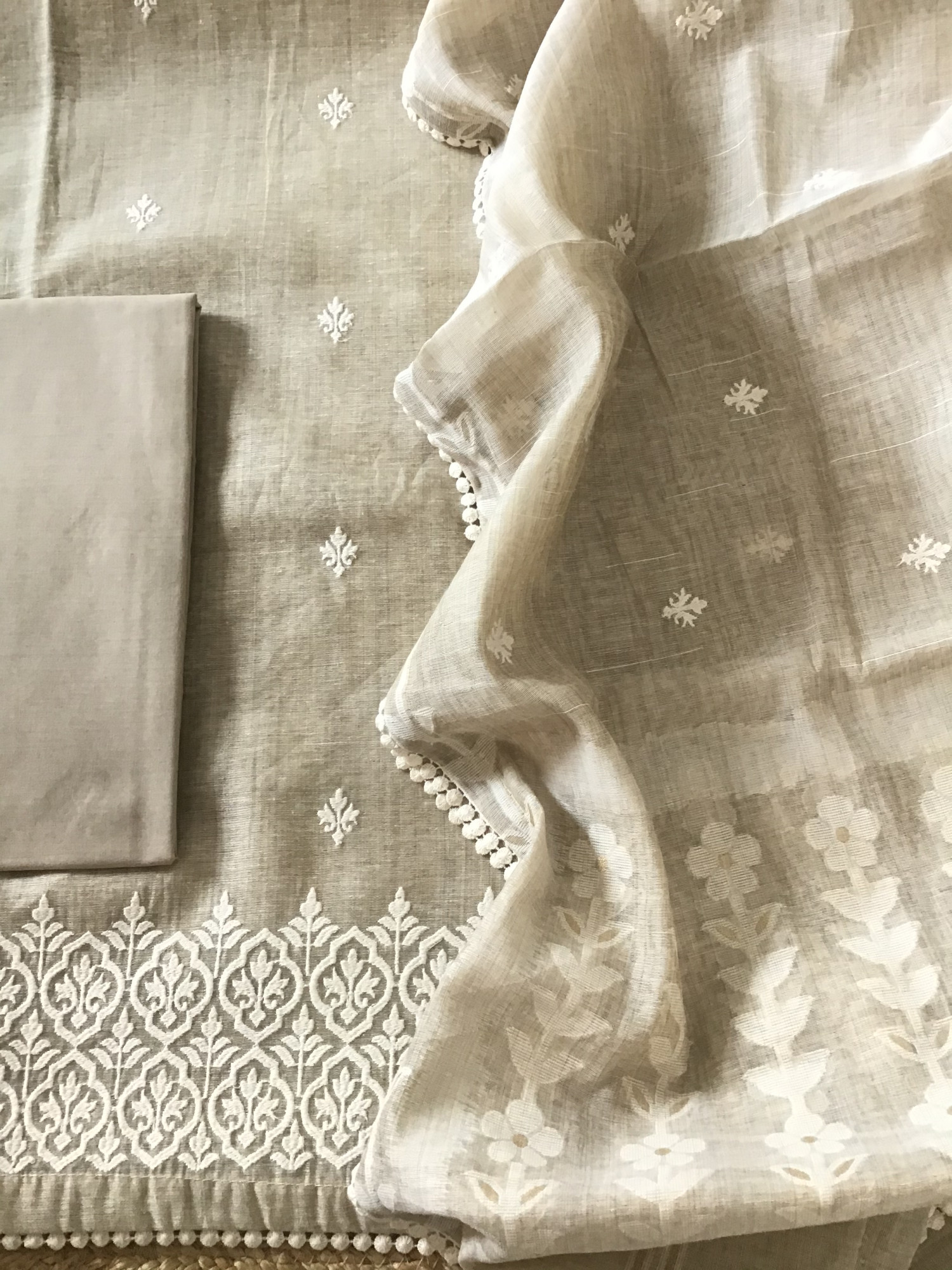 Soft Slub Chanderi Jamdani Weaved Embroidered Suit - Beige