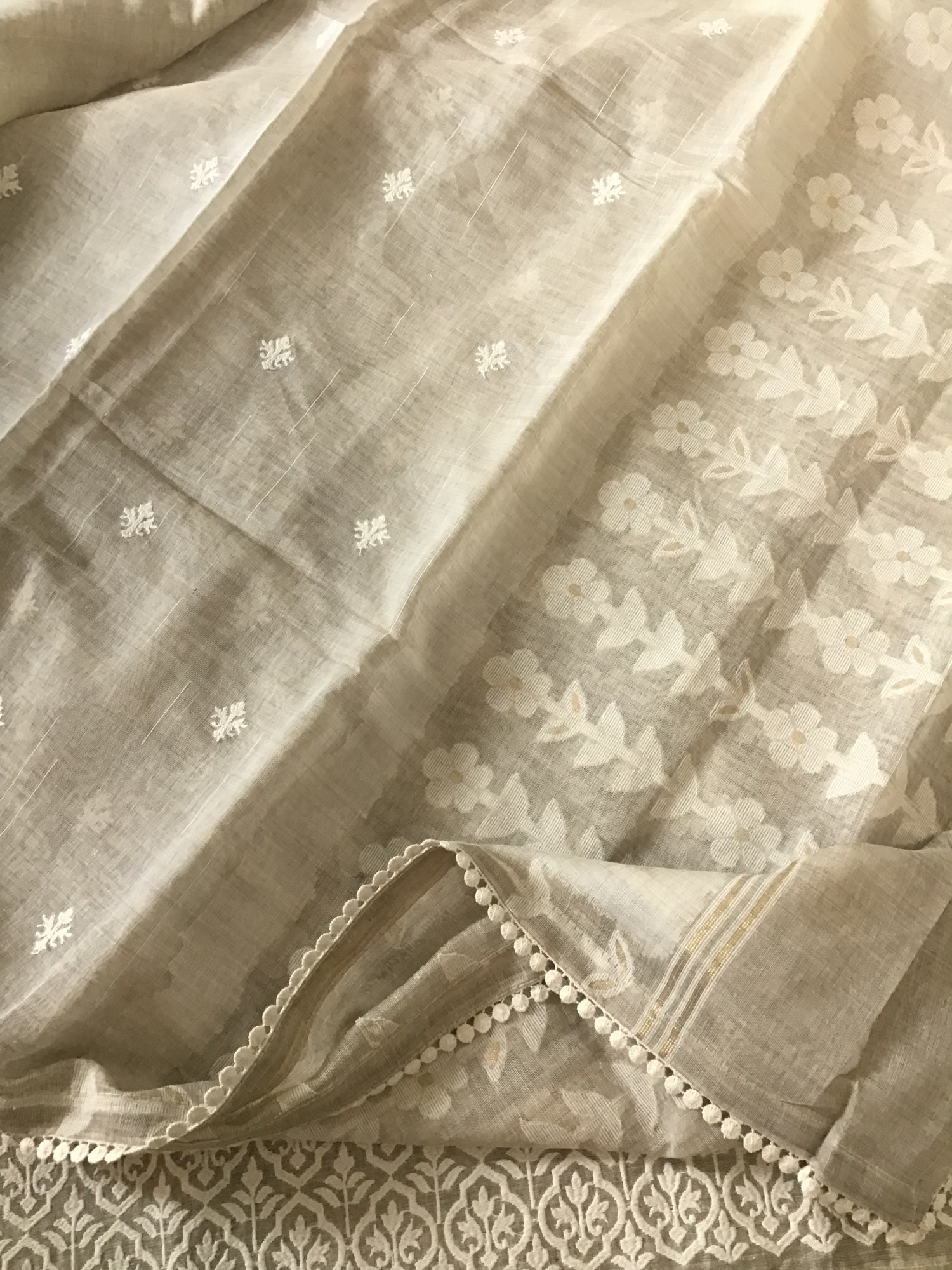 Soft Slub Chanderi Jamdani Weaved Embroidered Suit - Beige