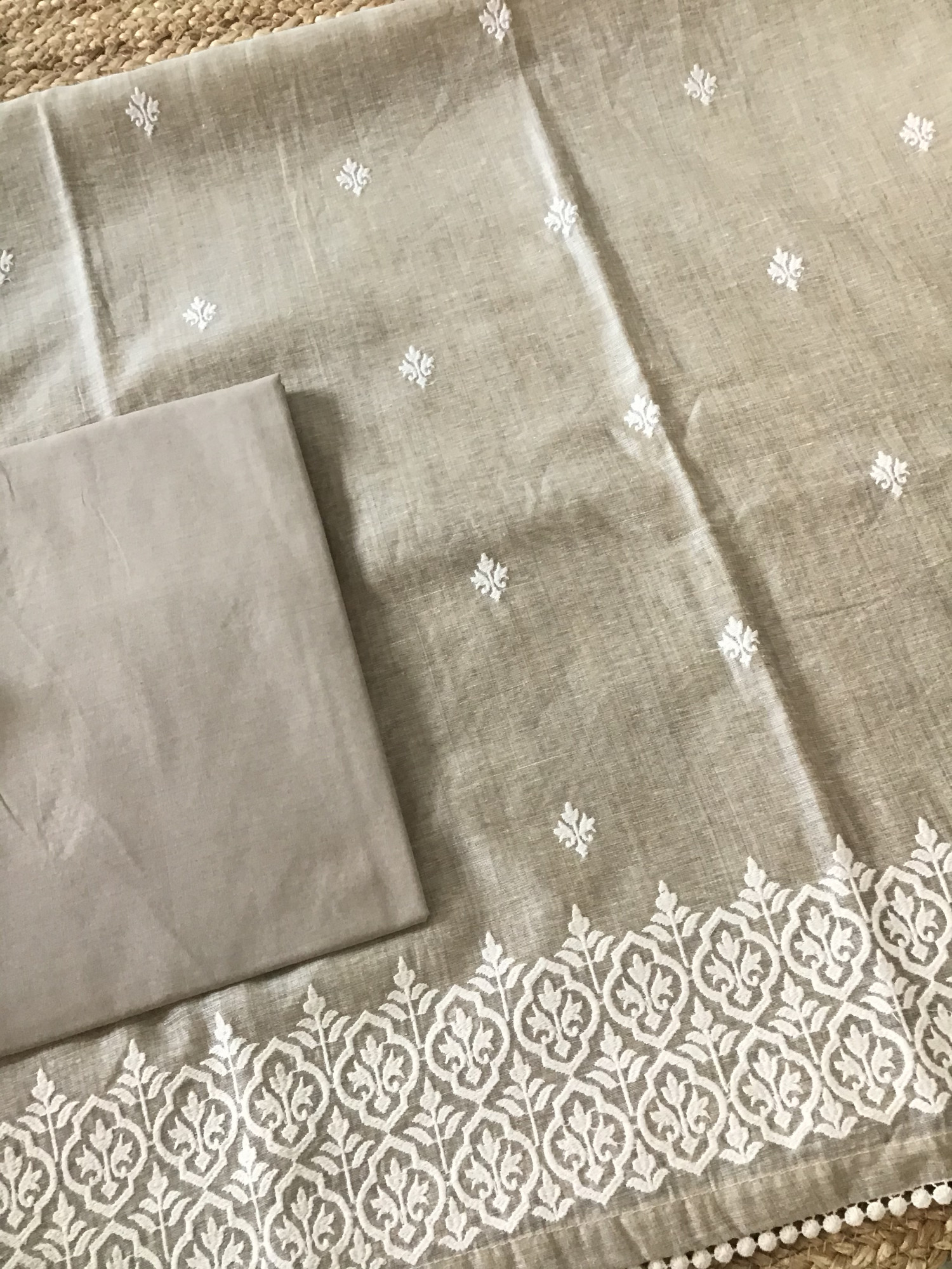 Soft Slub Chanderi Jamdani Weaved Embroidered Suit - Beige