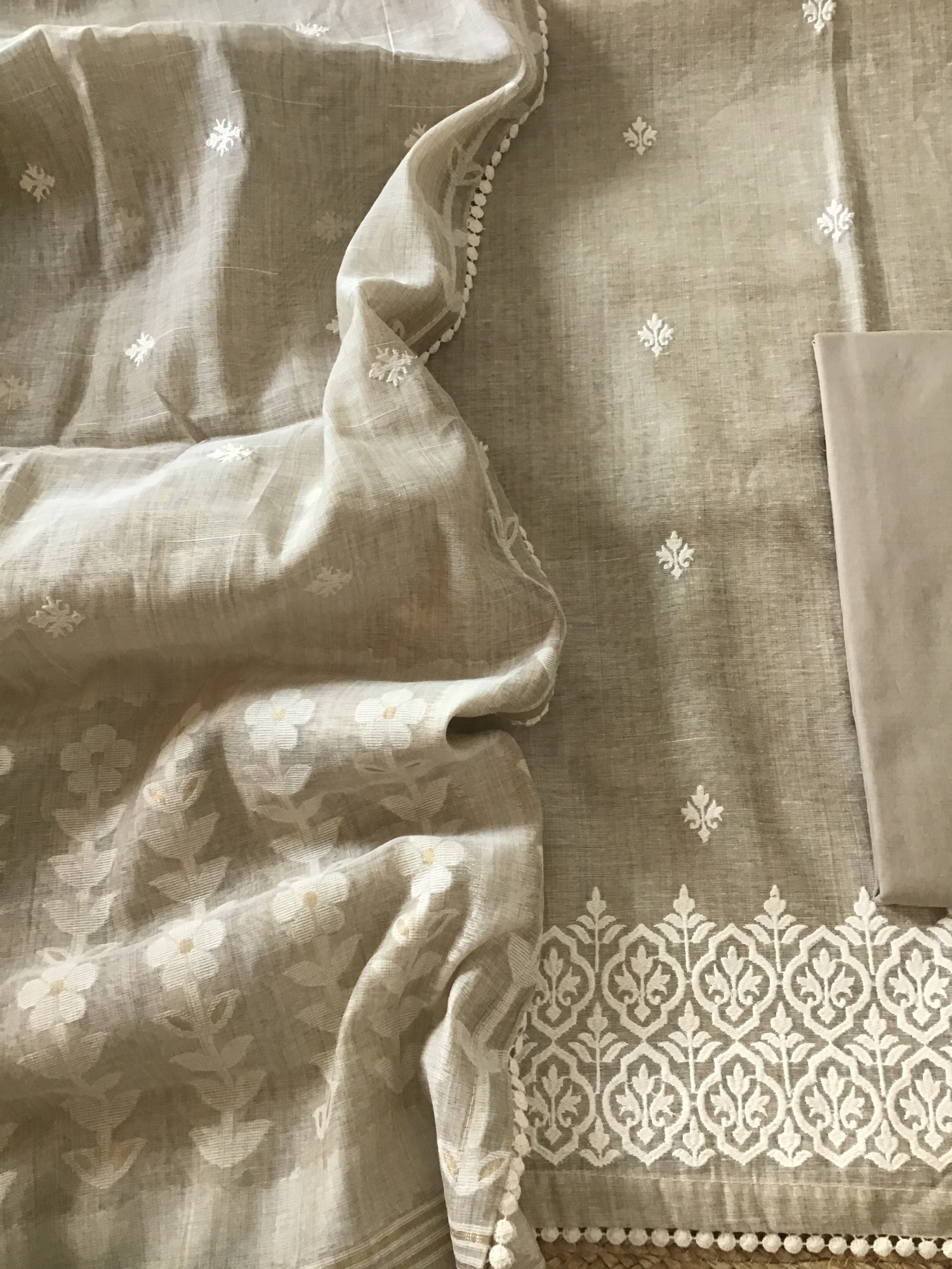 Soft Slub Chanderi Jamdani Weaved Embroidered Suit - Beige