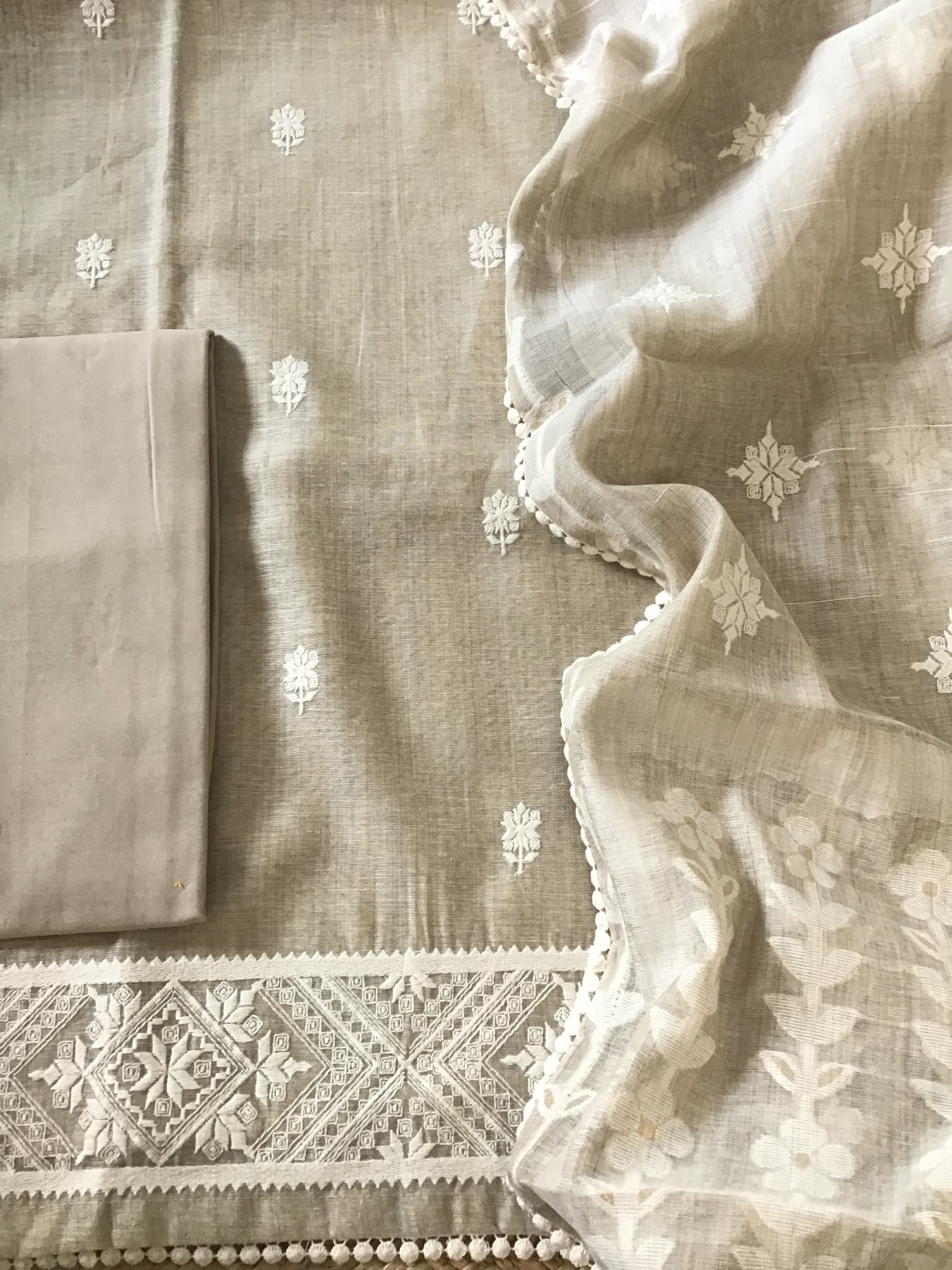 Soft Slub Chanderi Jamdani Weaved Embroidered Suit - Beige