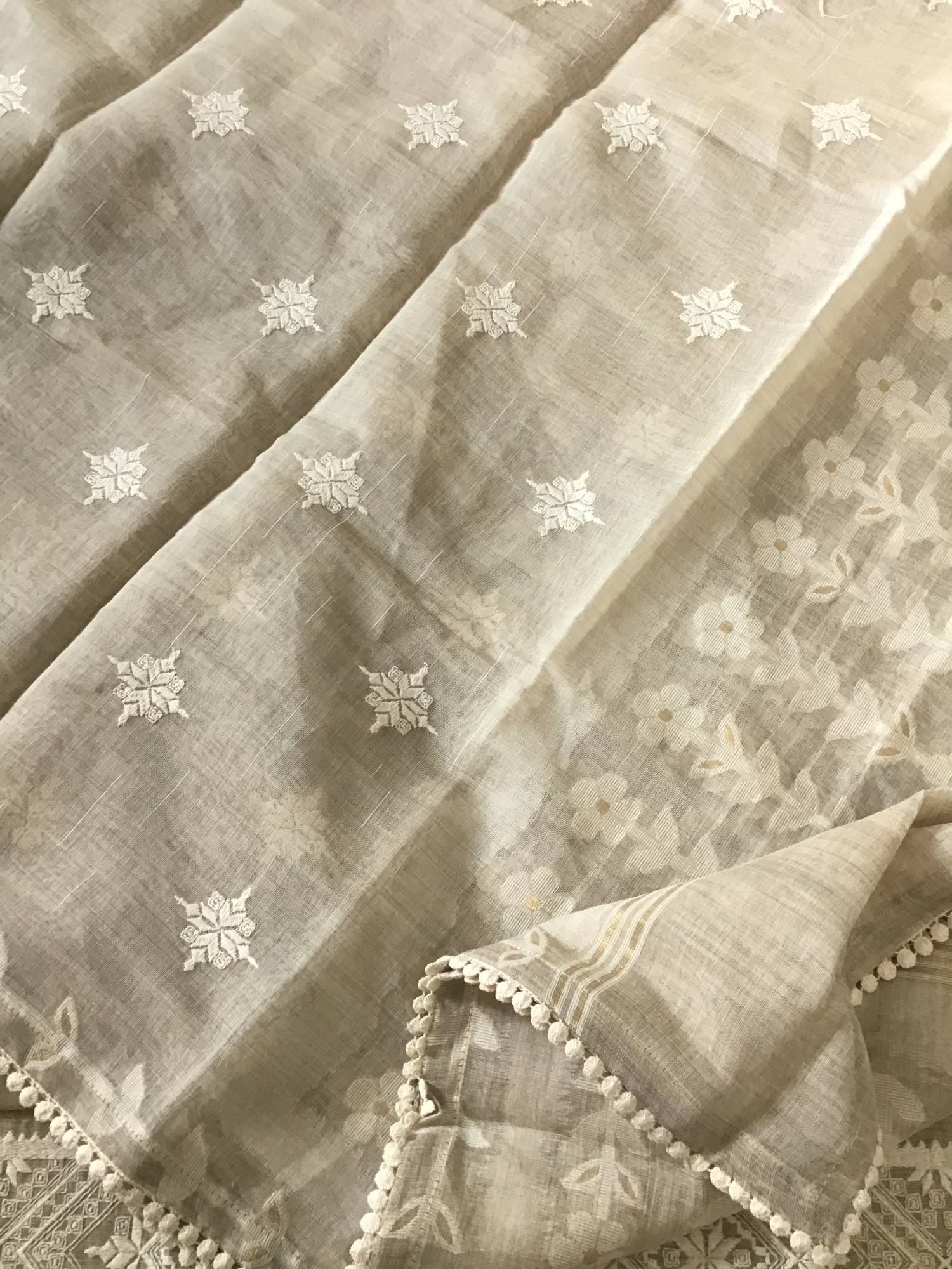 Soft Slub Chanderi Jamdani Weaved Embroidered Suit - Beige