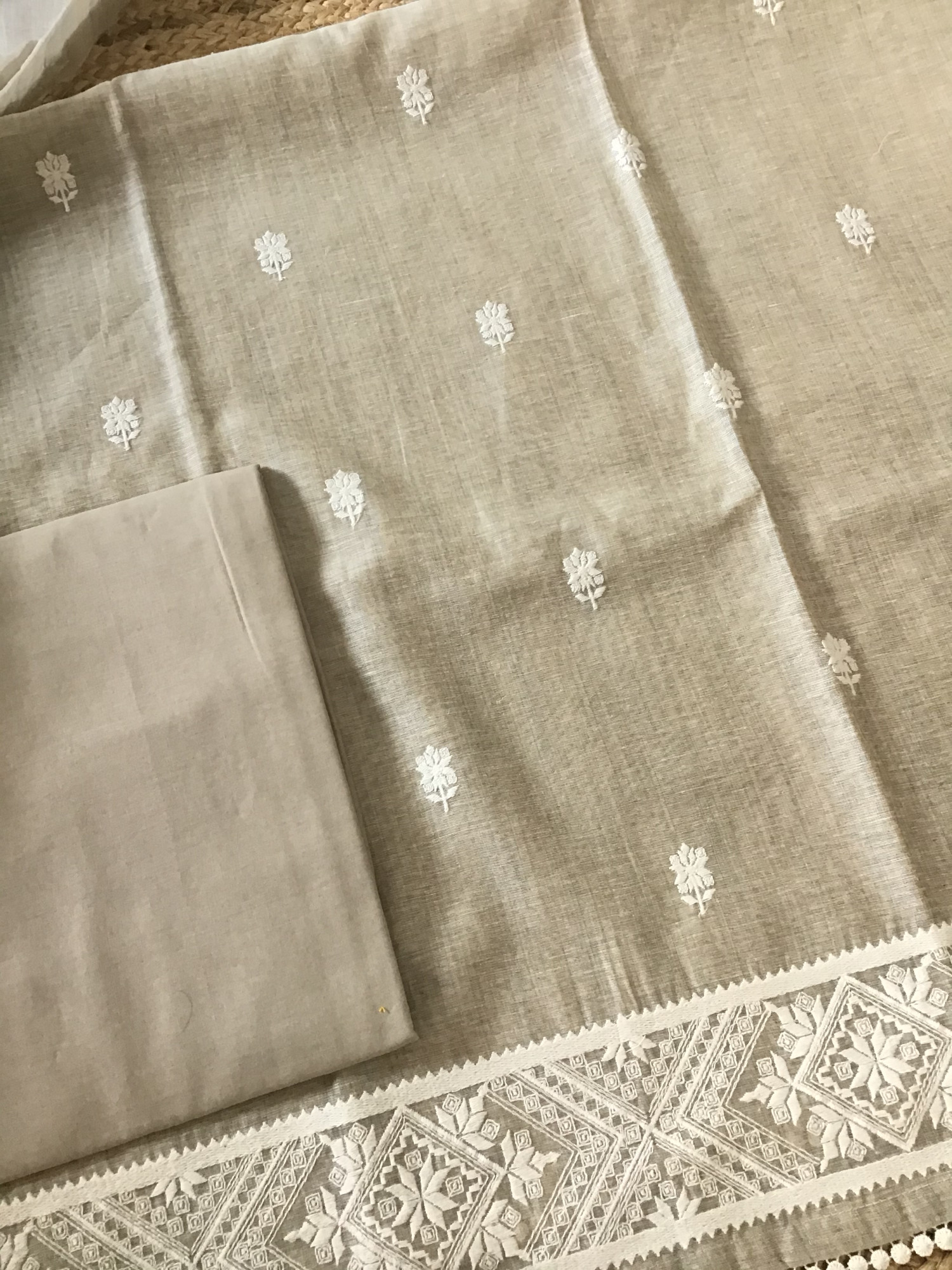 Soft Slub Chanderi Jamdani Weaved Embroidered Suit - Beige